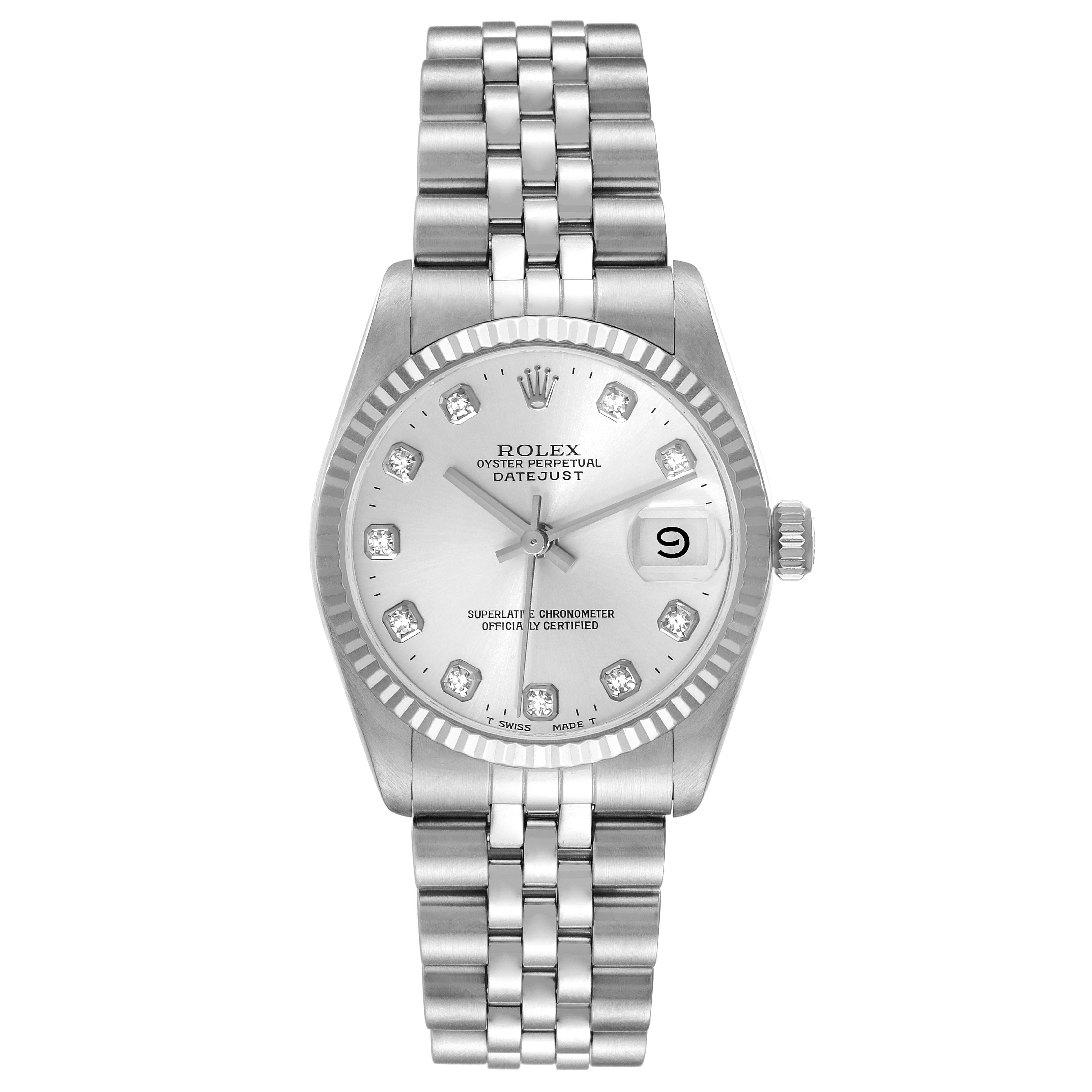 This is a front view of a Rolex Oyster Perpetual Datejust Mid-Size watch, showing the dial, bezel, and bracelet.