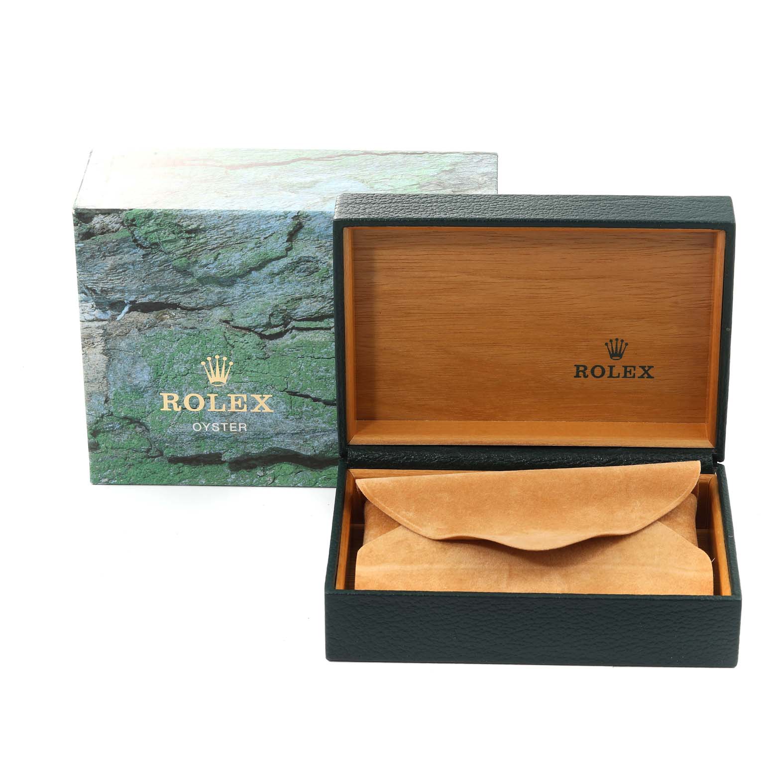 The image shows an open Rolex box and its closed inner pouch for a Mid-Size Rolex watch, viewed from a front angle.