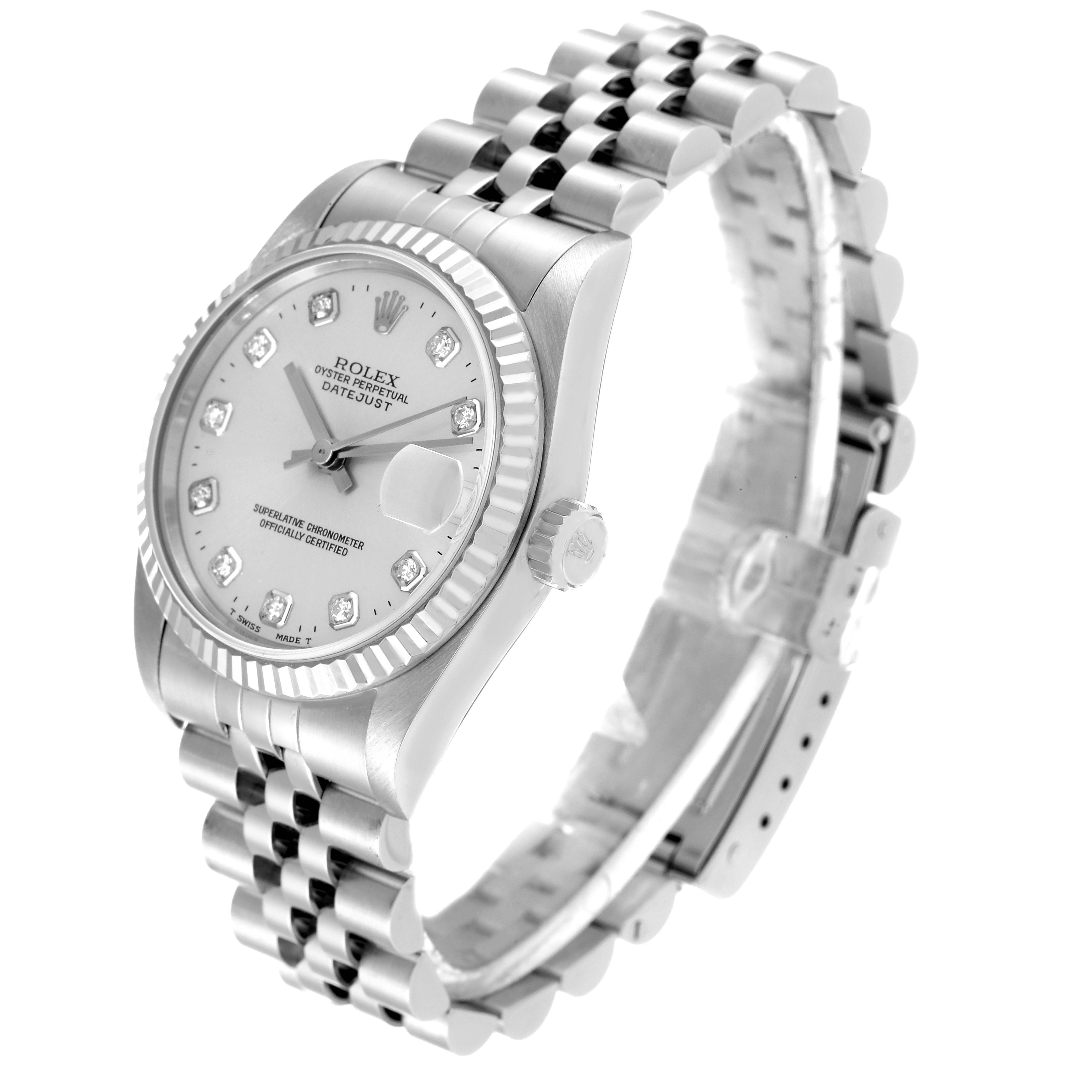 The image shows a side view of the Rolex Mid-Size 68274 Women
s Stainless Steel Silver Dial 68274 Women
s Stainless Steel Silver Dial model, highlighting the dial, crown, and jubilee bracelet.
