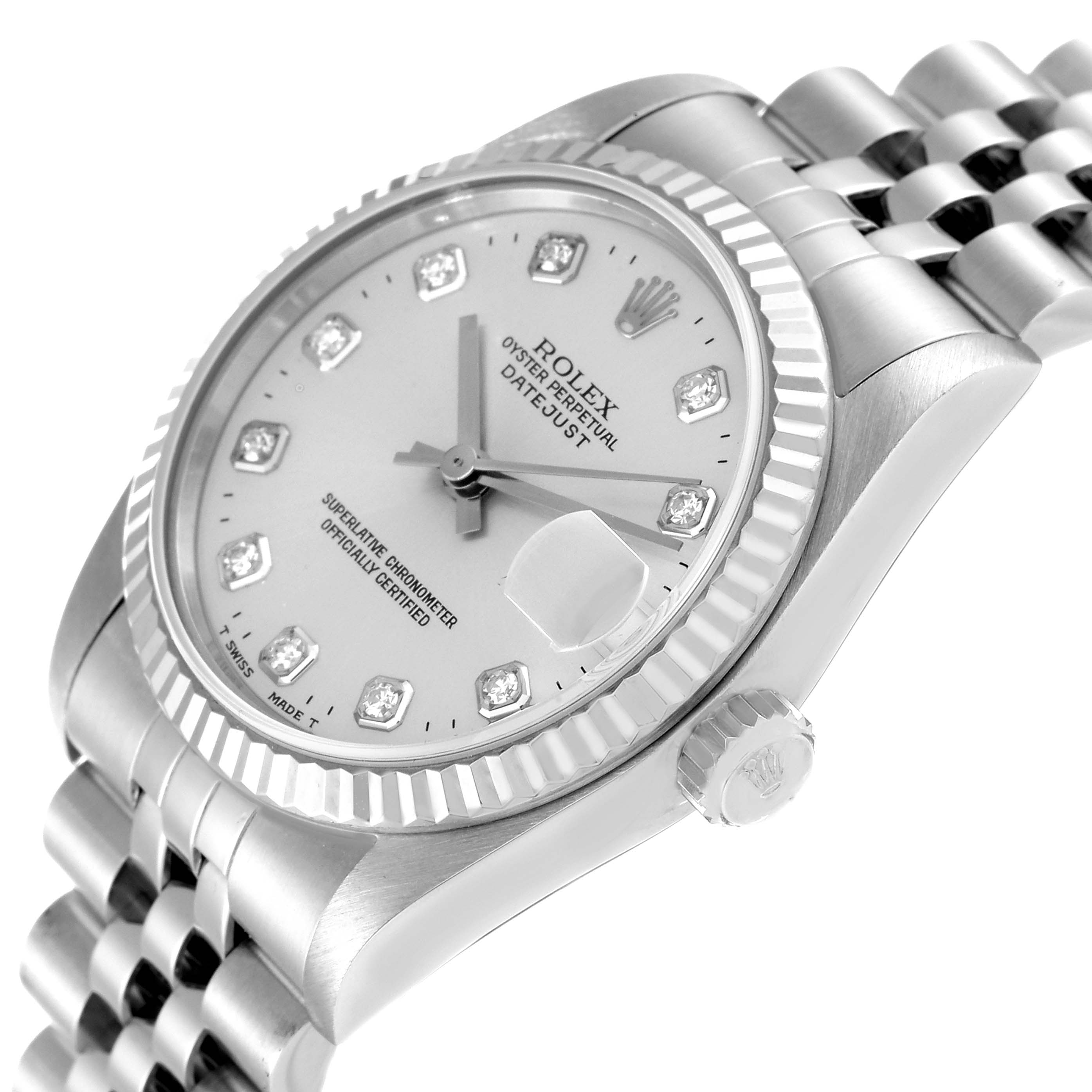 This Rolex Mid-Size 68274 Women
s Stainless Steel Silver Dial 68274 Women
s Stainless Steel Silver Dial model watch is shown at a side angle, highlighting its dial, crown, and bezel with diamond markers.