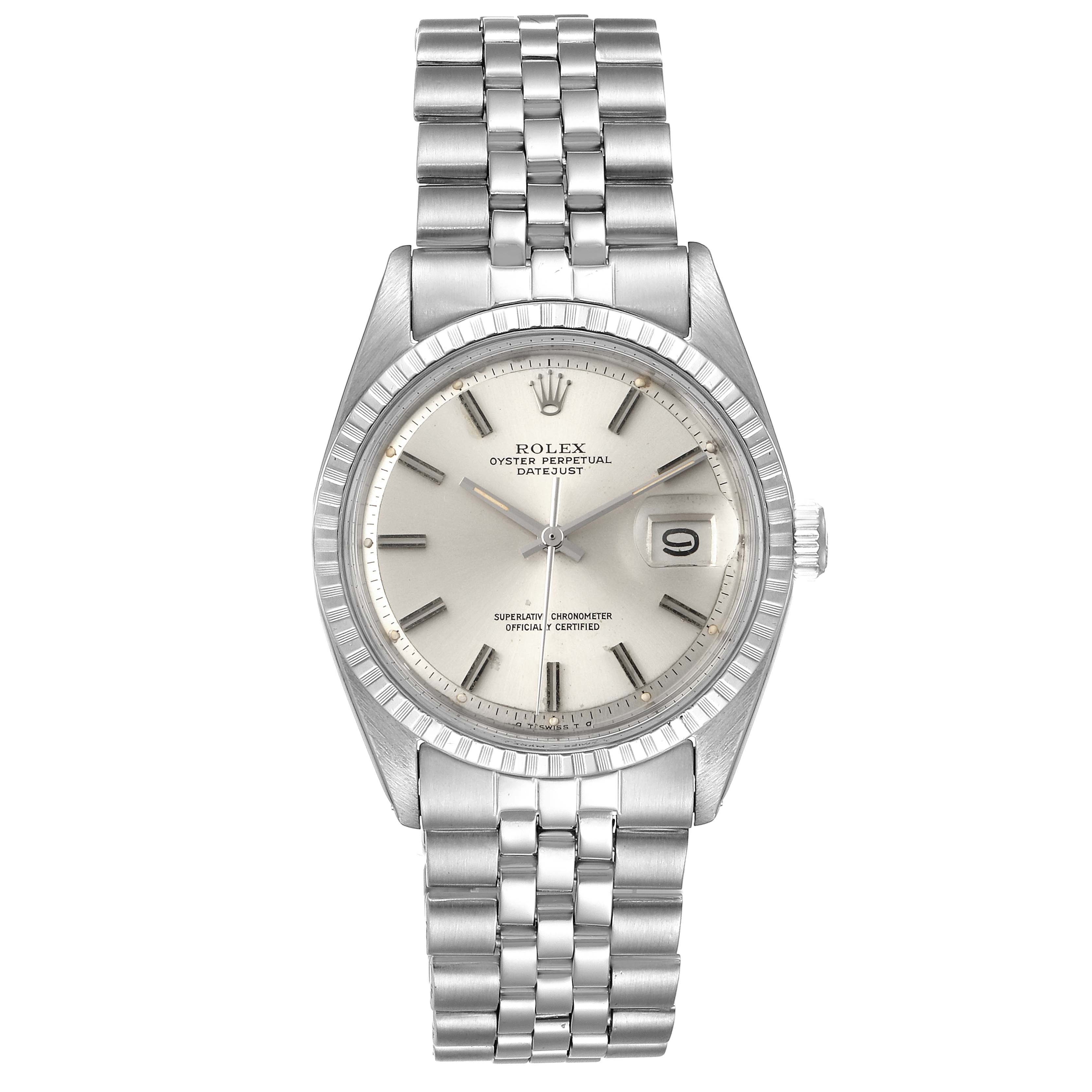 The image shows a frontal view of a Rolex Vintage Collection 1603 Men
s Stainless Steel Silver Dial 1603 Men
s Stainless Steel Silver Dial watch, displaying the face, bezel, crown, and bracelet.