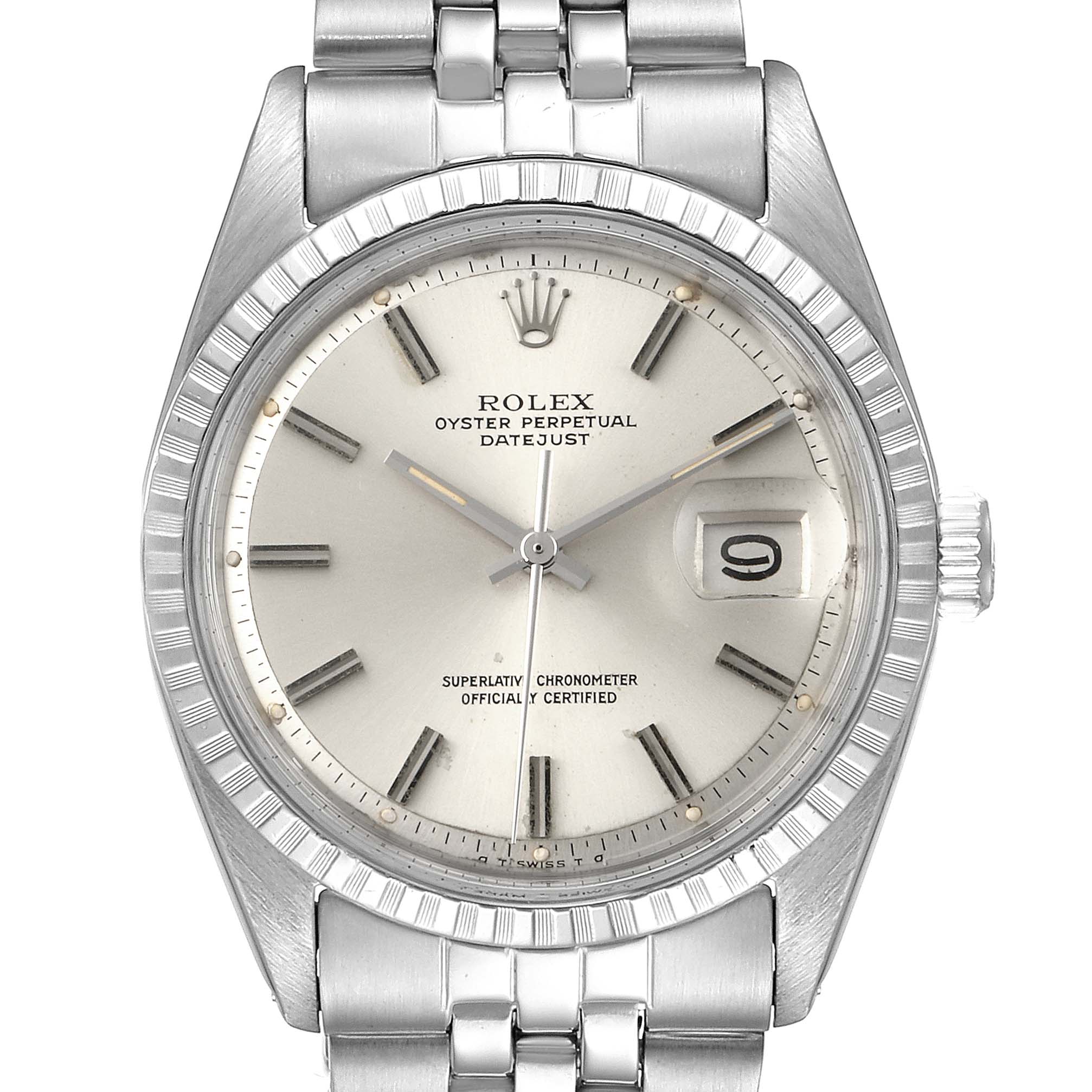 The image shows a close-up front view of a Rolex Vintage Collection 1603 Men
s Stainless Steel Silver Dial 1603 Men
s Stainless Steel Silver Dial Datejust watch including its face, hour markers, hands, and bracelet.
