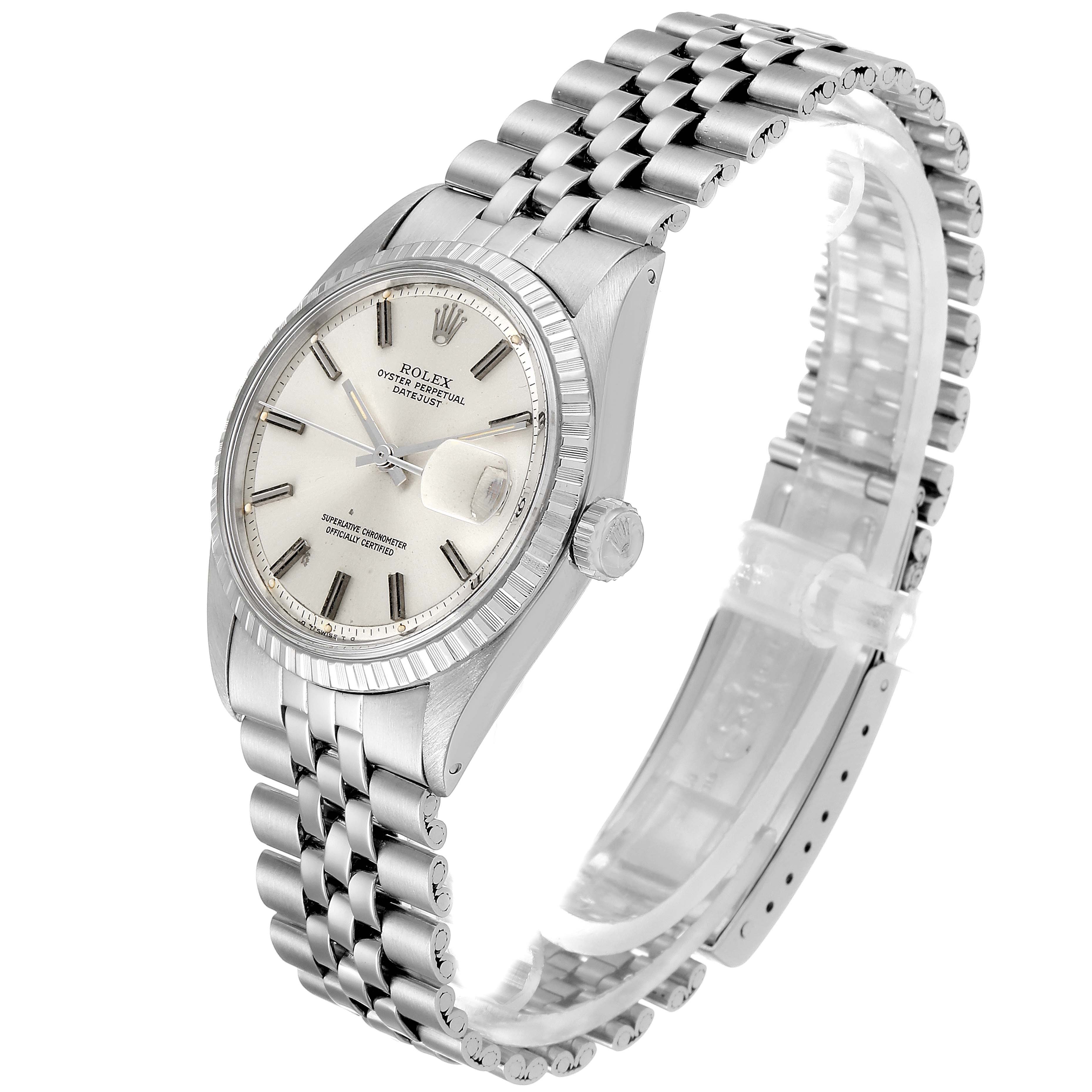 This is an angled view of a Rolex Vintage Collection 1603 Men
s Stainless Steel Silver Dial 1603 Men
s Stainless Steel Silver Dial model watch, showing the face, bezel, crown, and Jubilee bracelet.