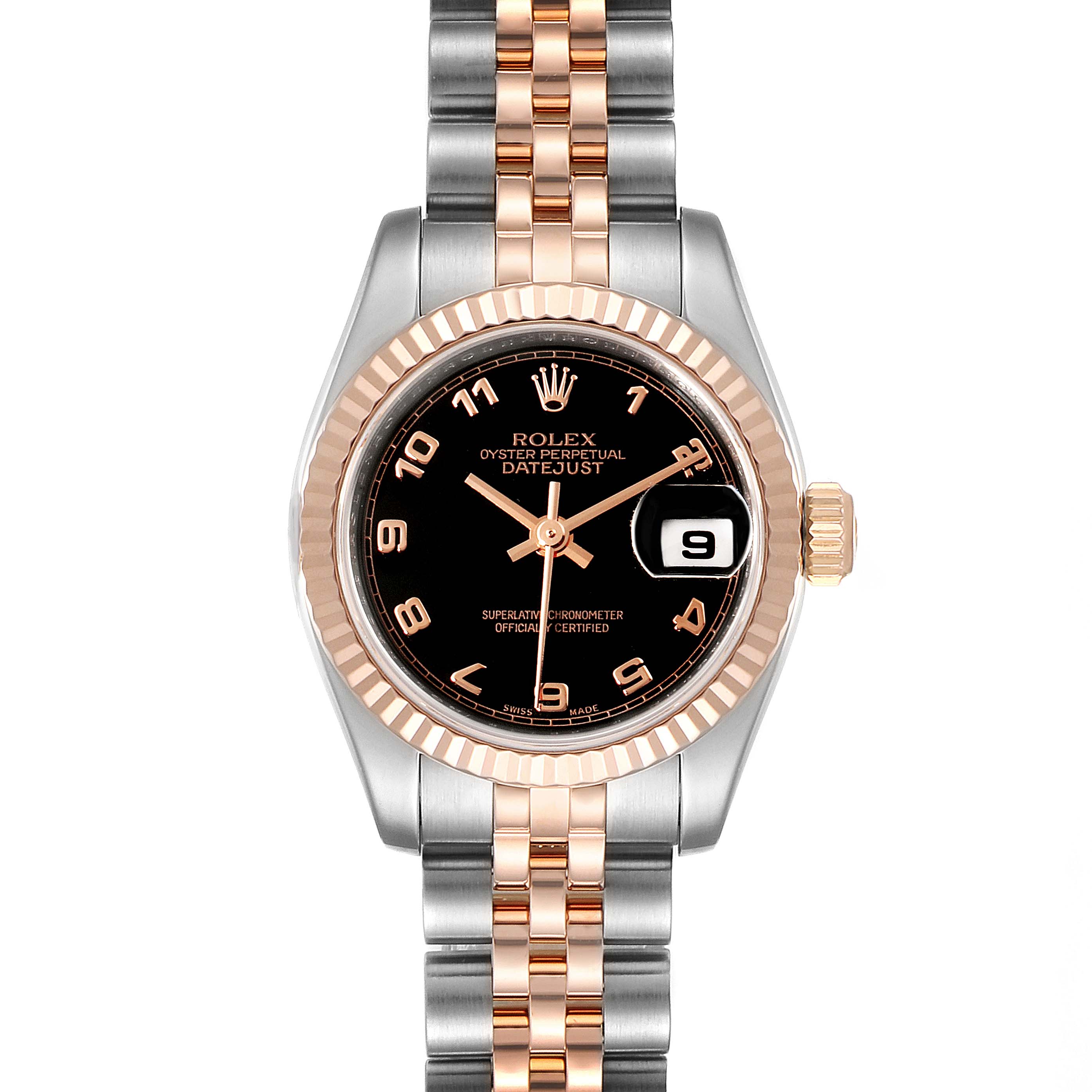 This image shows a Rolex Datejust 179171 Women's Steel and Gold (two tone) Black Dial 179171 Women's Steel and Gold (two tone) Black Dial watch from a front-facing angle, highlighting the bezel, dial, hour markers, hands, and bracelet.
