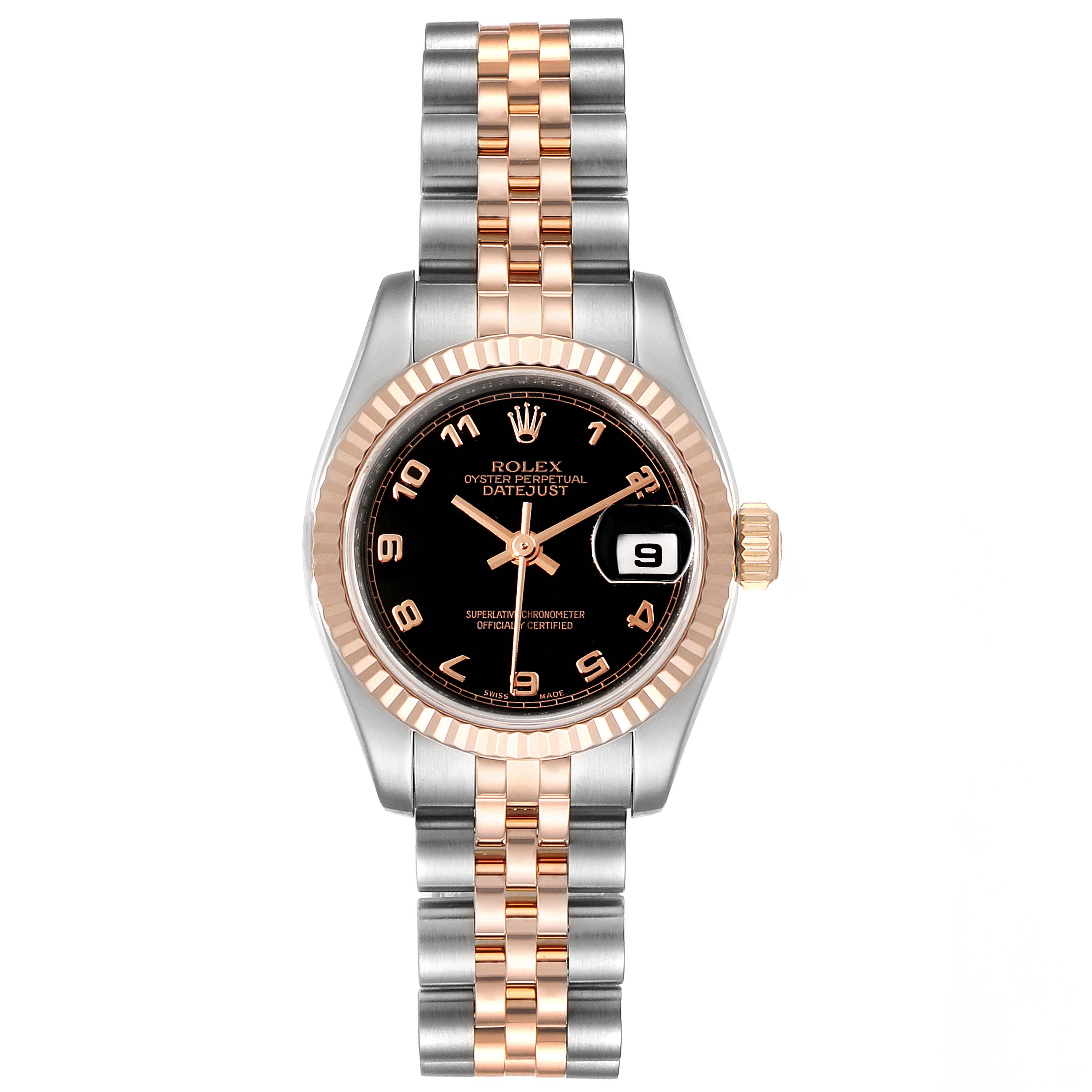 This image shows a Rolex Datejust 179171 Women's Steel and Gold (two tone) Black Dial 179171 Women's Steel and Gold (two tone) Black Dial watch from a top-down angle, highlighting its face, bezel, and two-tone metal bracelet.