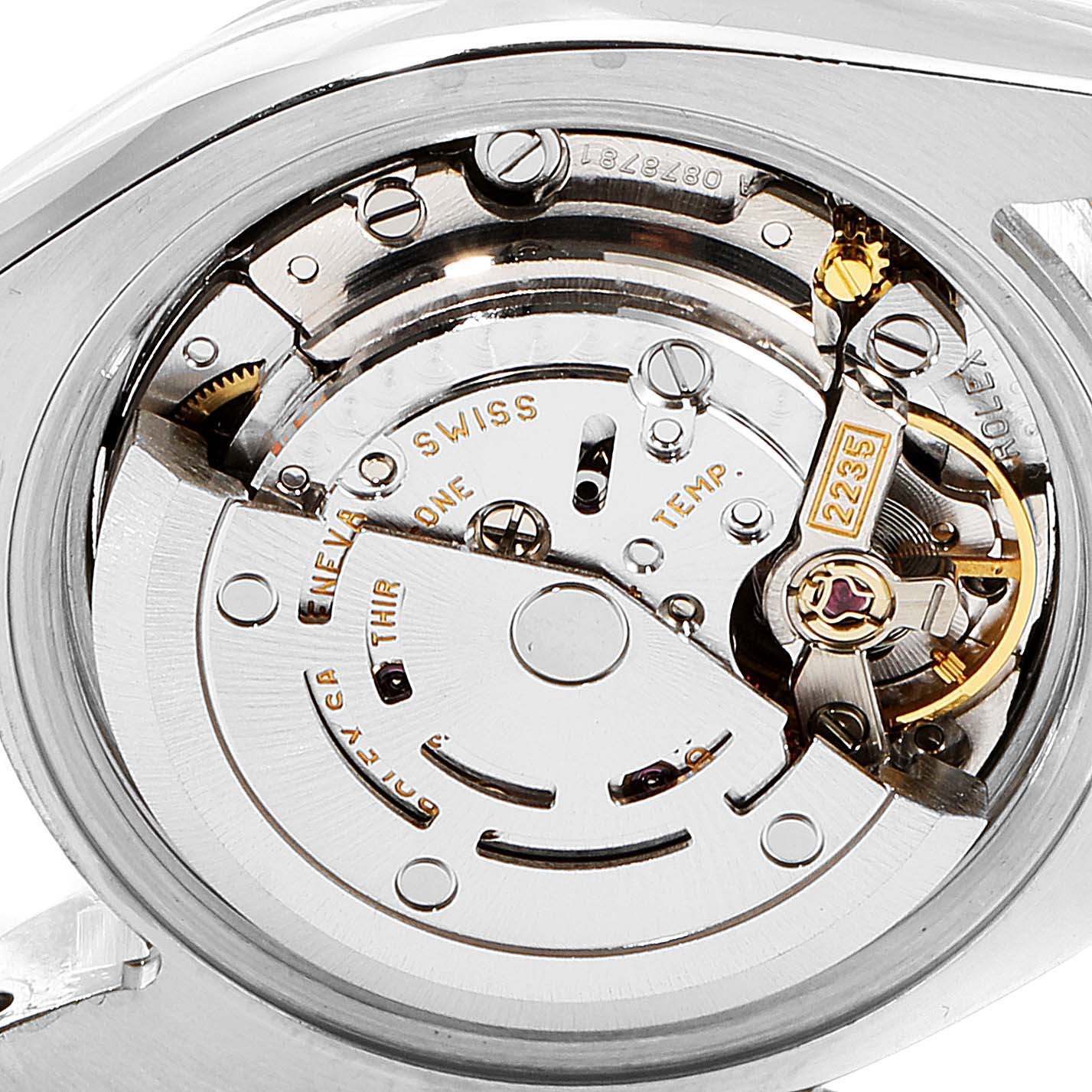 This image shows a close-up view of the internal mechanism of a Rolex Datejust 179171 Women's Steel and Gold (two tone) Black Dial 179171 Women's Steel and Gold (two tone) Black Dial watch.