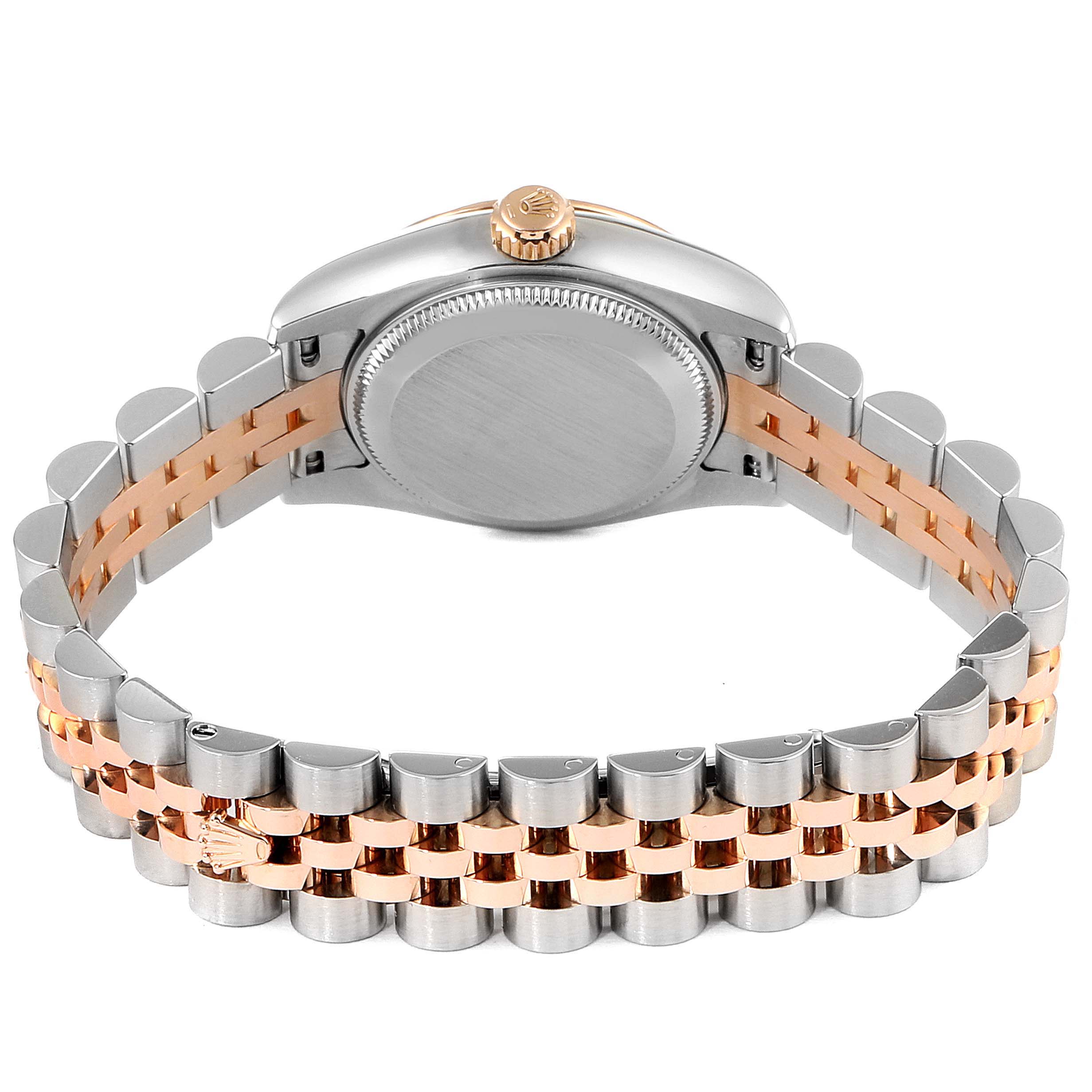 The image shows the back case and bracelet of a Rolex Datejust 179171 Women's Steel and Gold (two tone) Black Dial 179171 Women's Steel and Gold (two tone) Black Dial watch, highlighting the two-tone metal design.