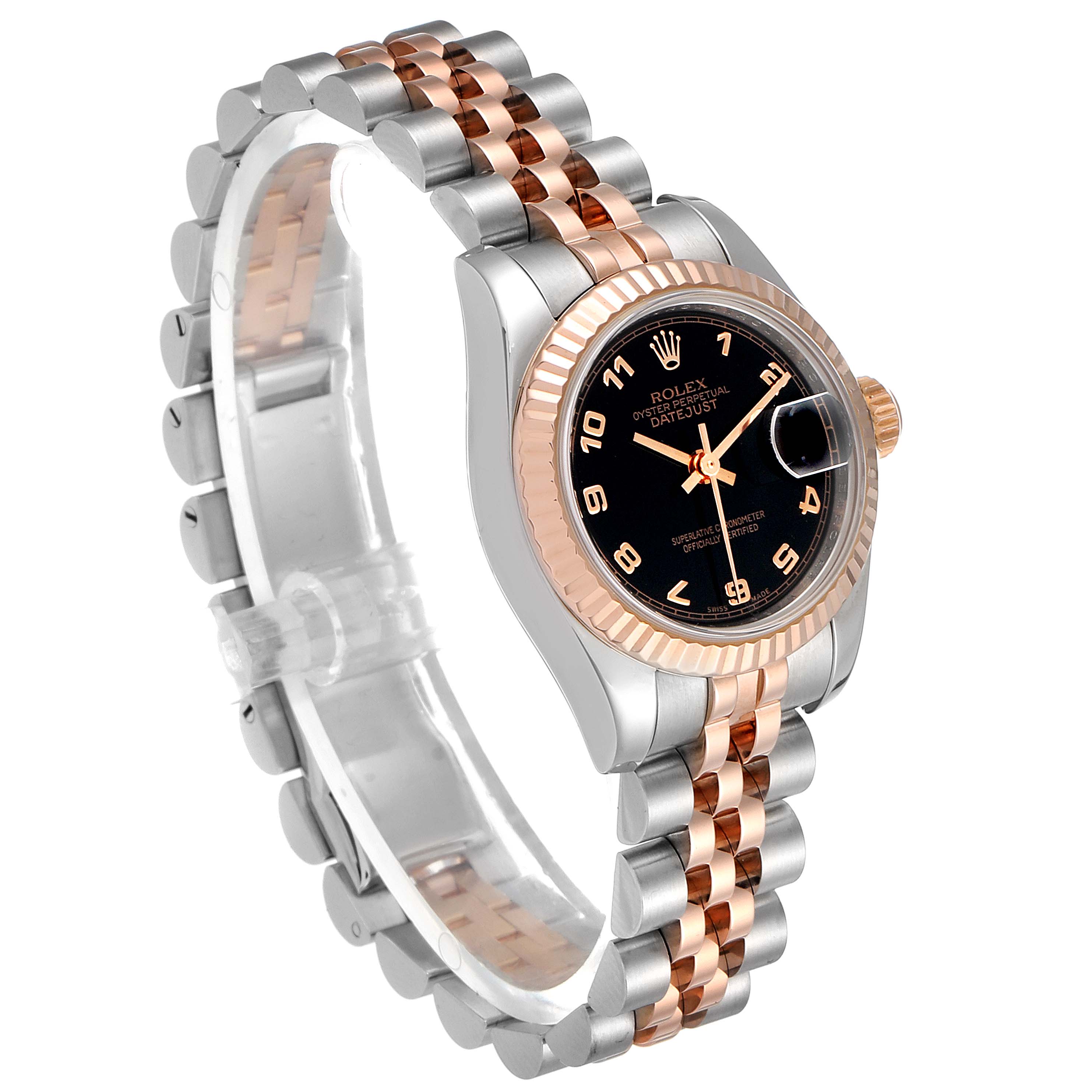 The Rolex Datejust 179171 Women's Steel and Gold (two tone) Black Dial 179171 Women's Steel and Gold (two tone) Black Dial watch is shown at a three-quarter angle featuring a two-tone bracelet, black dial, and fluted bezel.