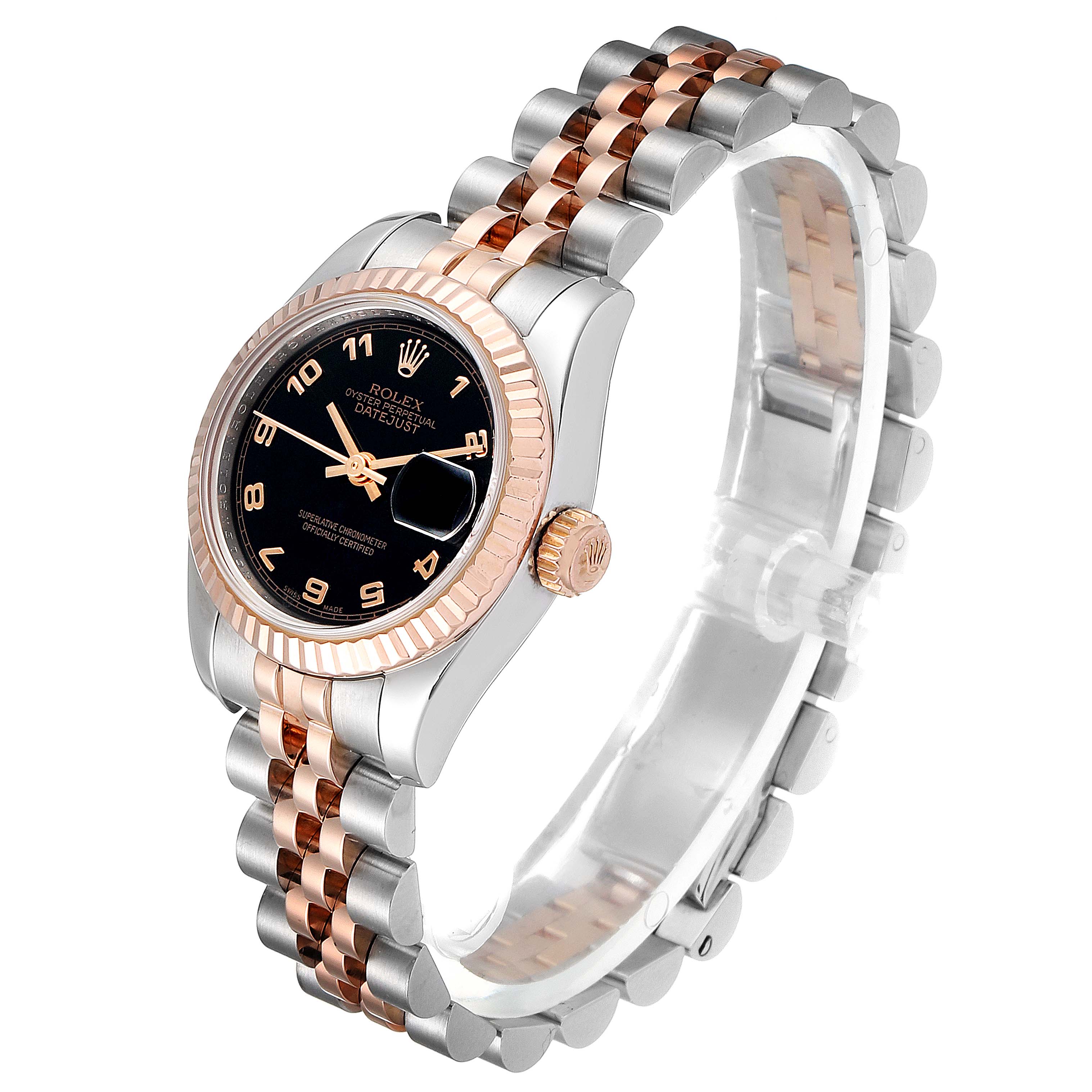 The Rolex Datejust 179171 Women's Steel and Gold (two tone) Black Dial 179171 Women's Steel and Gold (two tone) Black Dial watch is shown at a three-quarter view, highlighting its black dial, fluted bezel, and two-tone bracelet.