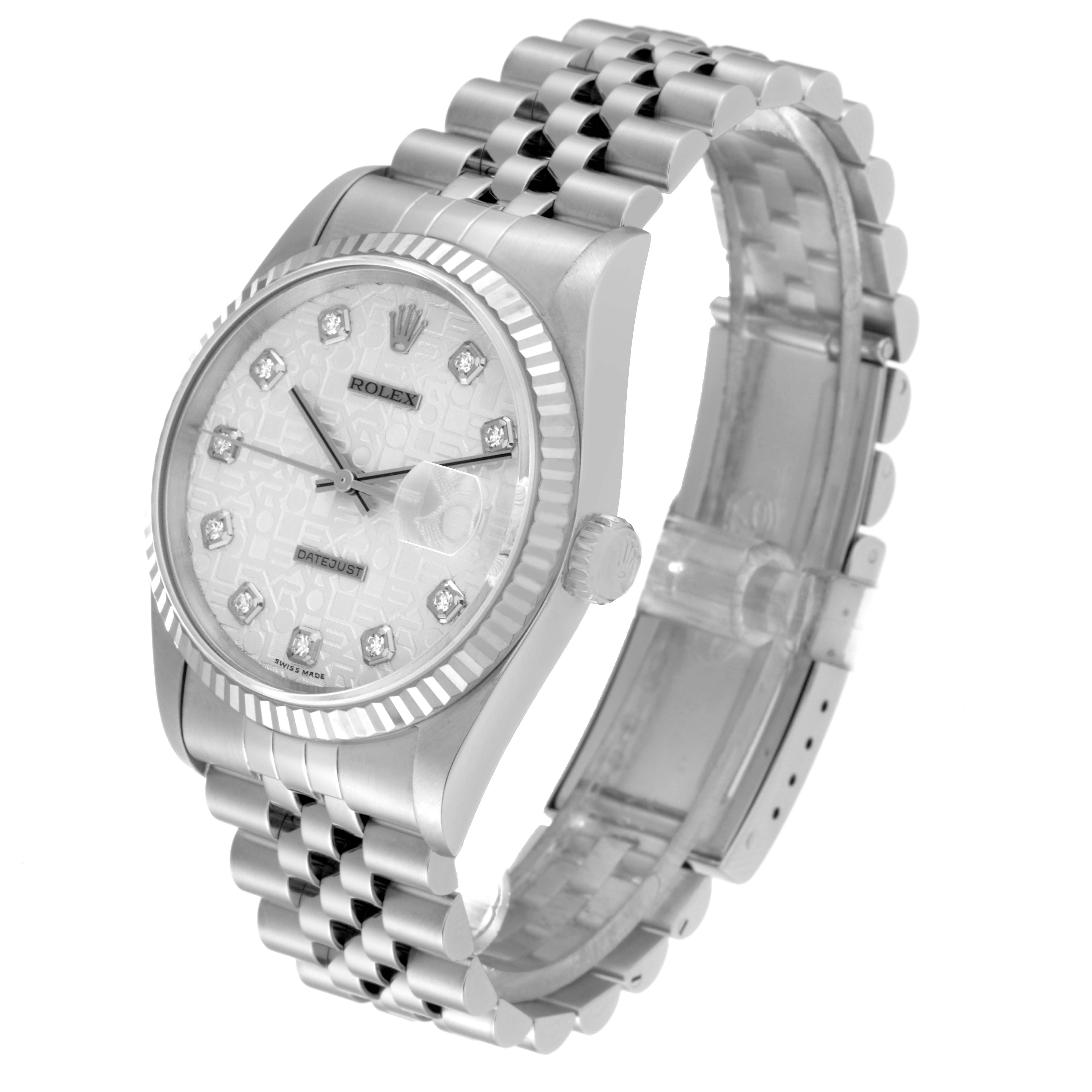 This image shows a Rolex Datejust 16234 Men's Stainless Steel Silver Dial 16234 Men's Stainless Steel Silver Dial model watch at a three-quarter angle, highlighting the dial, crown, and bracelet.