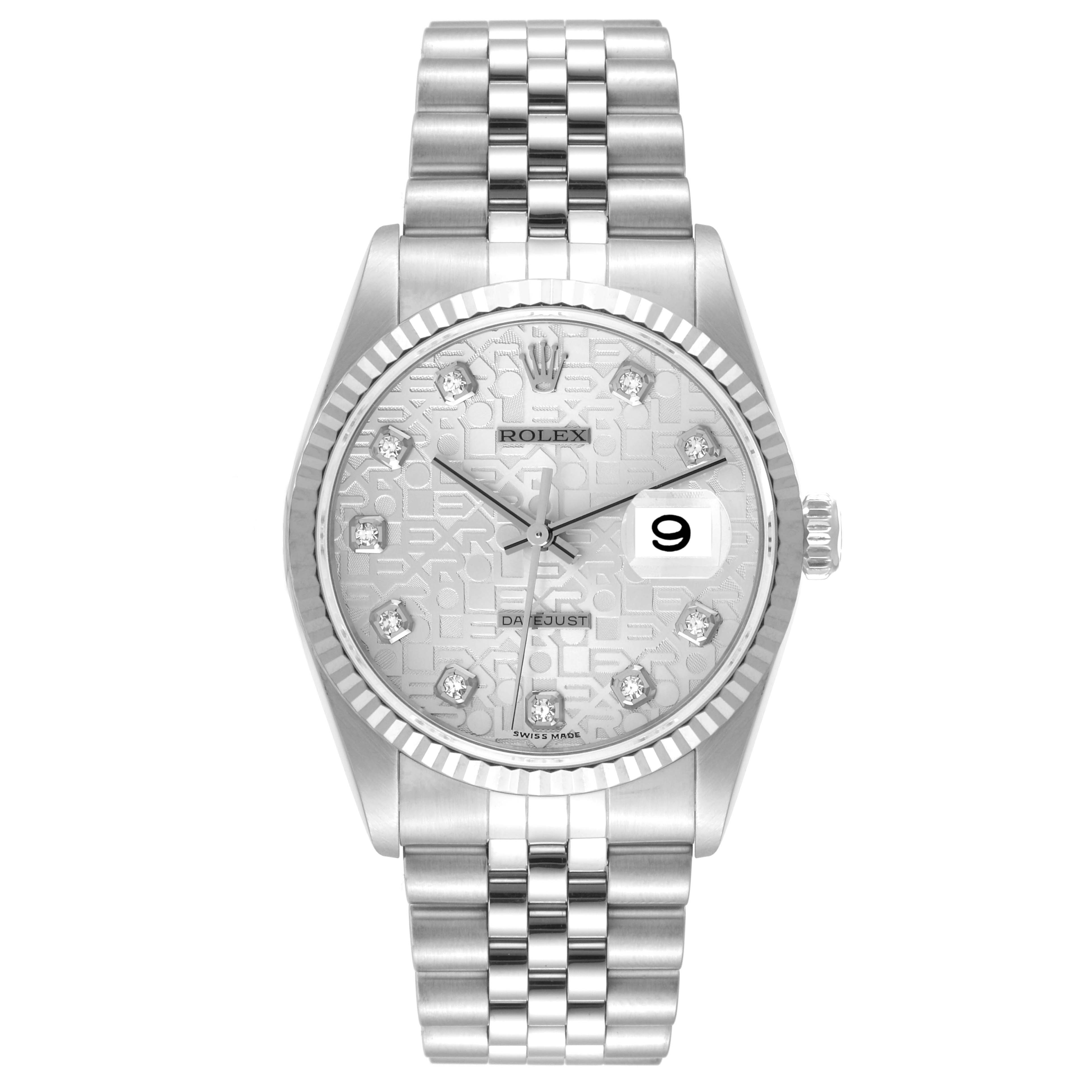 The image shows a front view of the Rolex Datejust 16234 Men's Stainless Steel Silver Dial 16234 Men's Stainless Steel Silver Dial watch, featuring its dial, bezel, and bracelet.