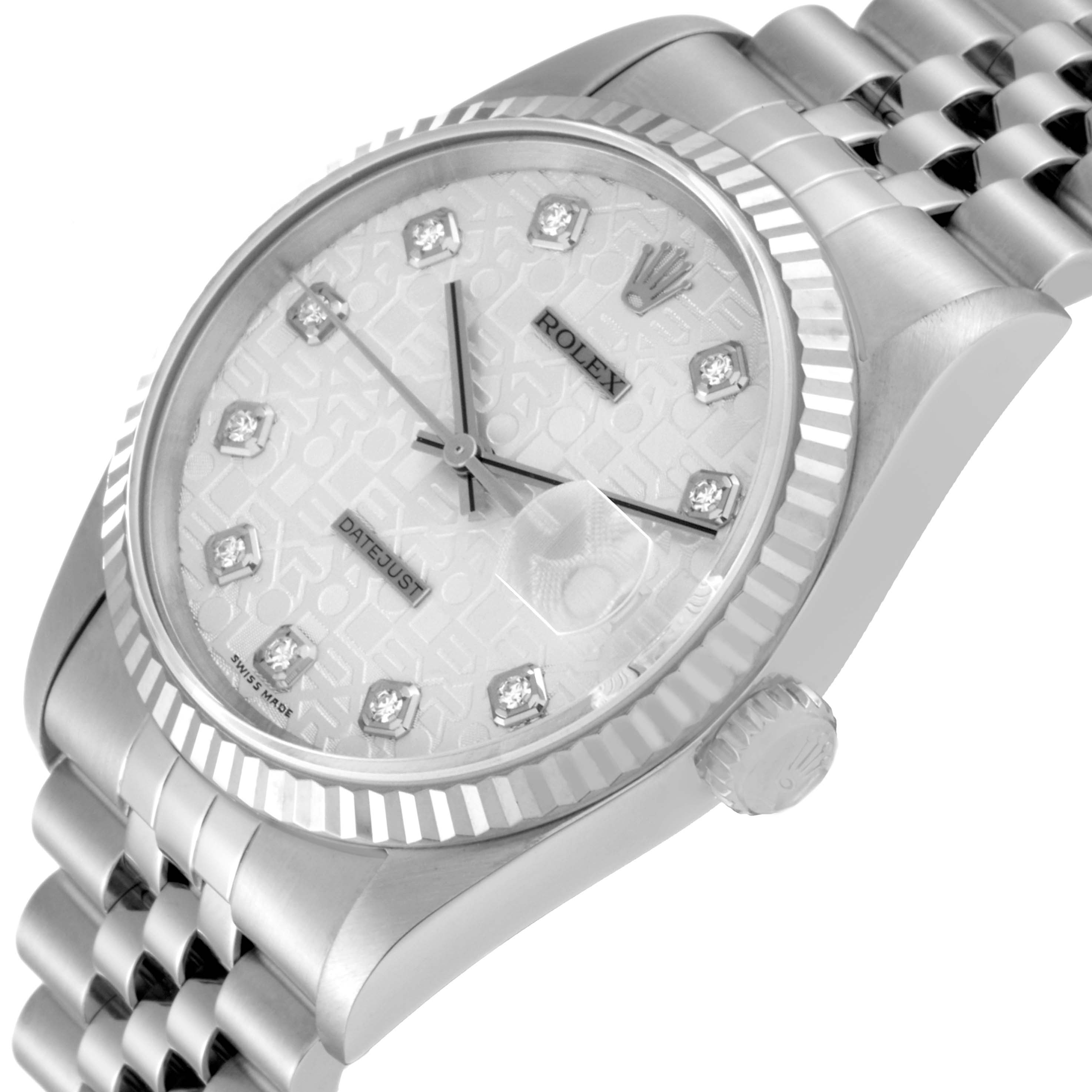 The image shows a close-up angle of a Rolex Datejust 16234 Men's Stainless Steel Silver Dial 16234 Men's Stainless Steel Silver Dial watch, focusing on the dial, fluted bezel, and part of the bracelet.
