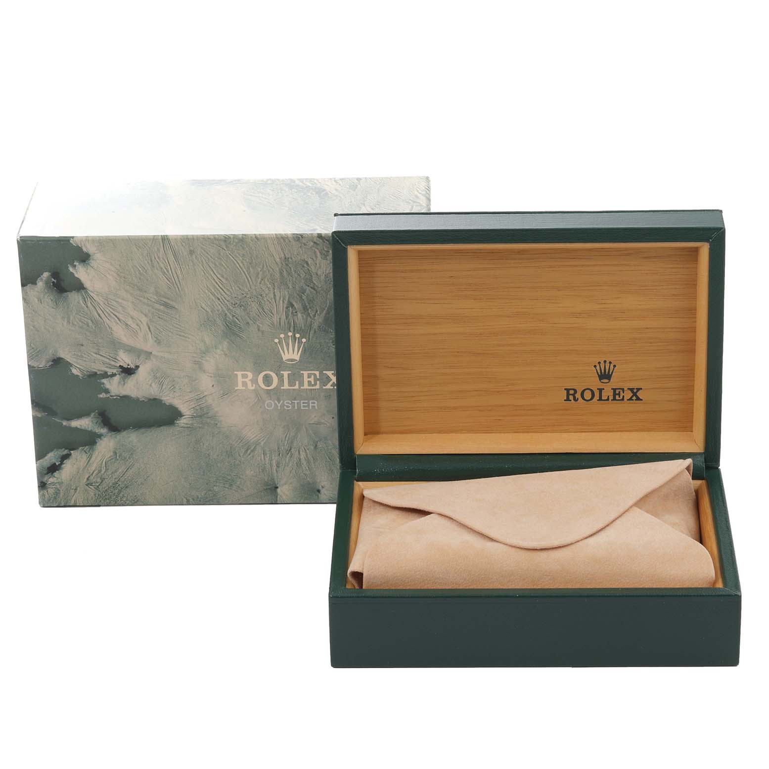 The image shows an open Rolex Datejust 16234 Men's Stainless Steel Silver Dial 16234 Men's Stainless Steel Silver Dial watch box set at a front angle, with the outer box behind it.