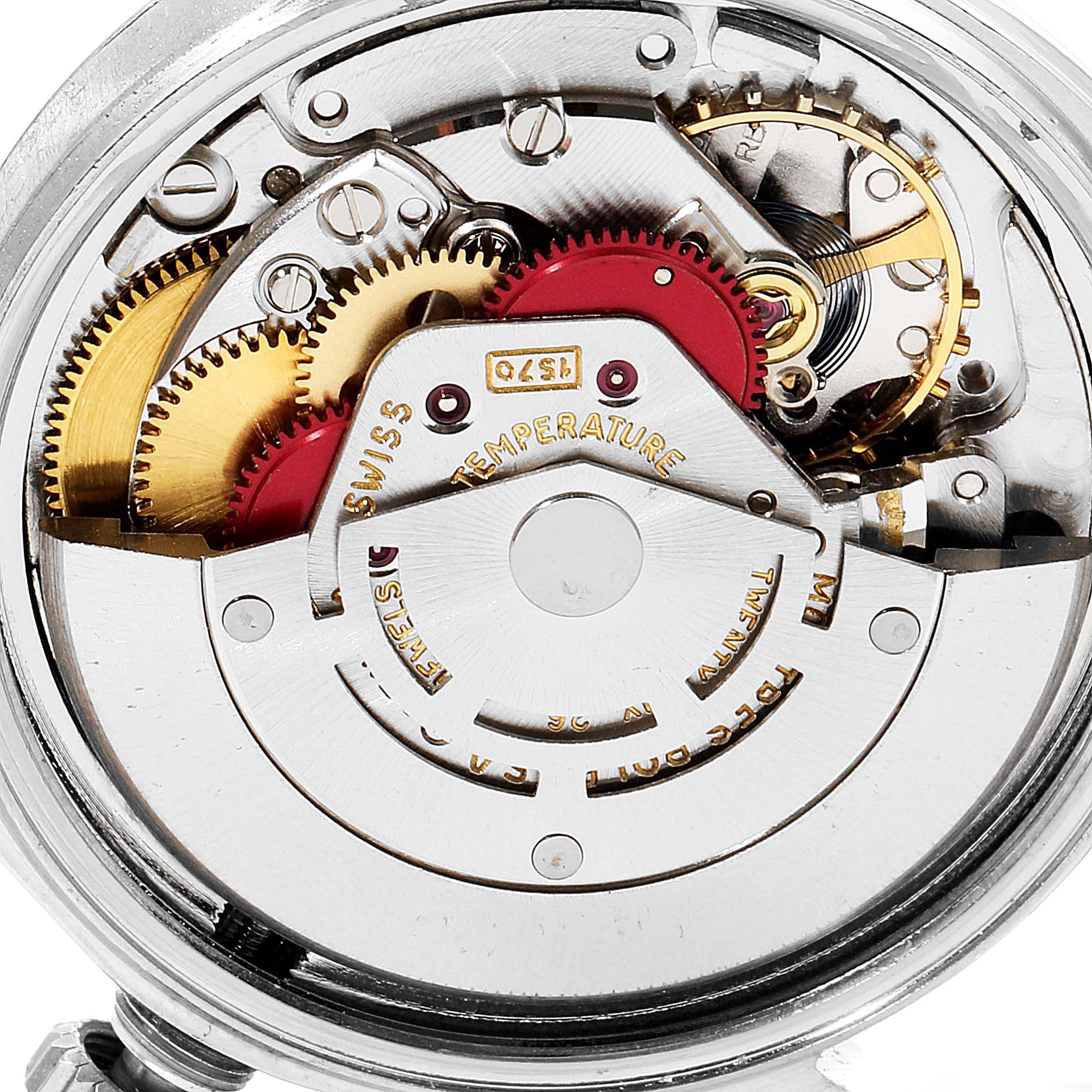 This image shows the intricate inner workings and gears of the Rolex Vintage Collection 1601 Men
s Stainless Steel Silver Dial 1601 Men
s Stainless Steel Silver Dial watch, viewed from the back.