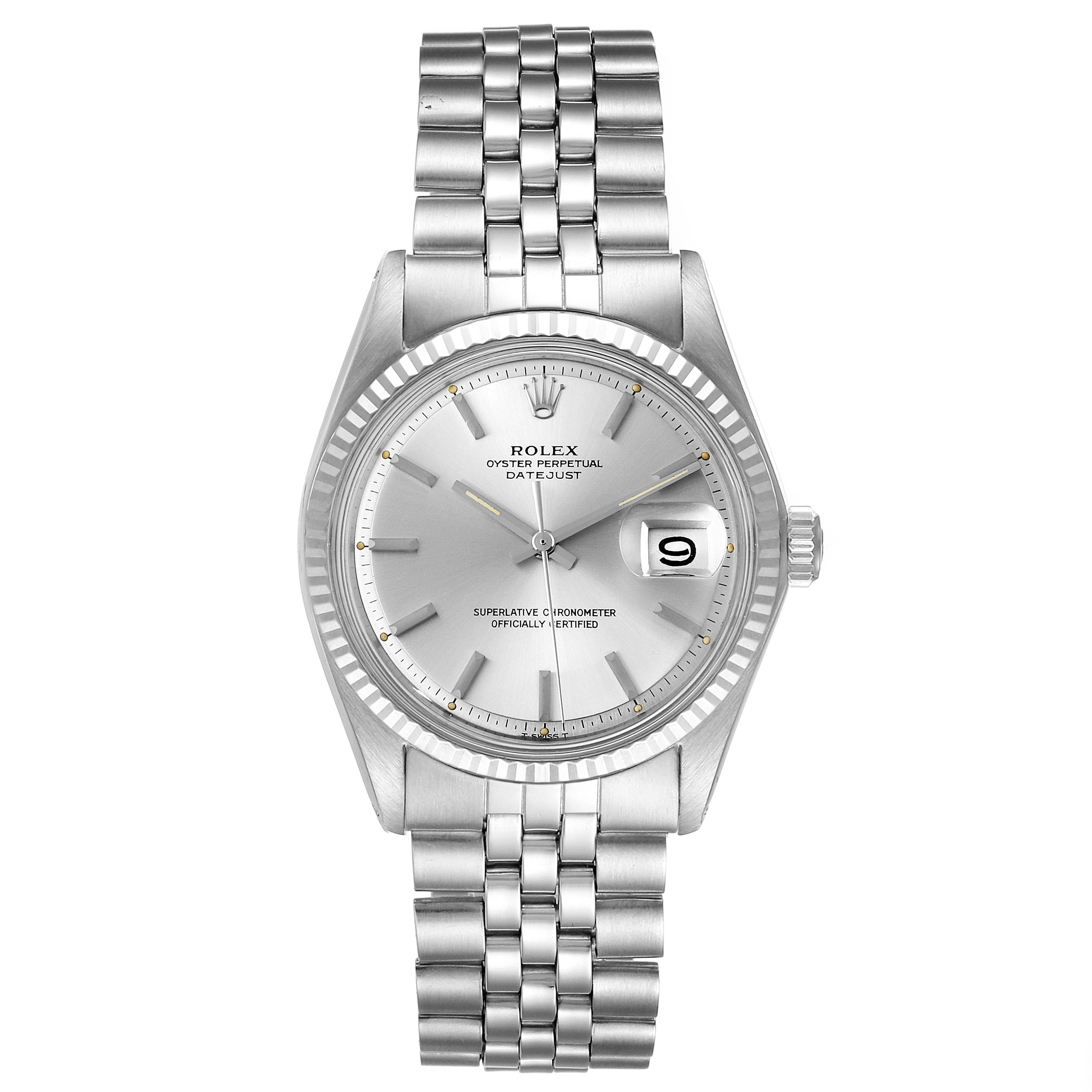 The image shows a front view of the Rolex Vintage Collection 1601 Men
s Stainless Steel Silver Dial 1601 Men
s Stainless Steel Silver Dial model, highlighting its dial, bezel, and bracelet.