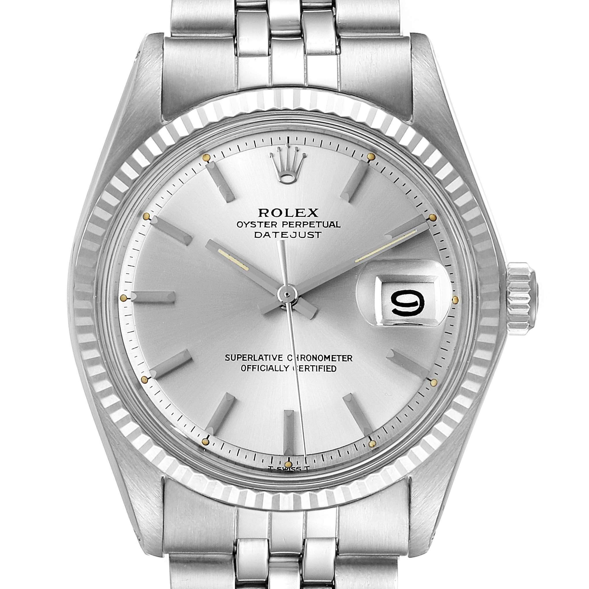The Rolex Vintage Collection 1601 Men
s Stainless Steel Silver Dial 1601 Men
s Stainless Steel Silver Dial model watch is shown from the front, displaying the dial, hands, date window, bezel, and part of the bracelet.