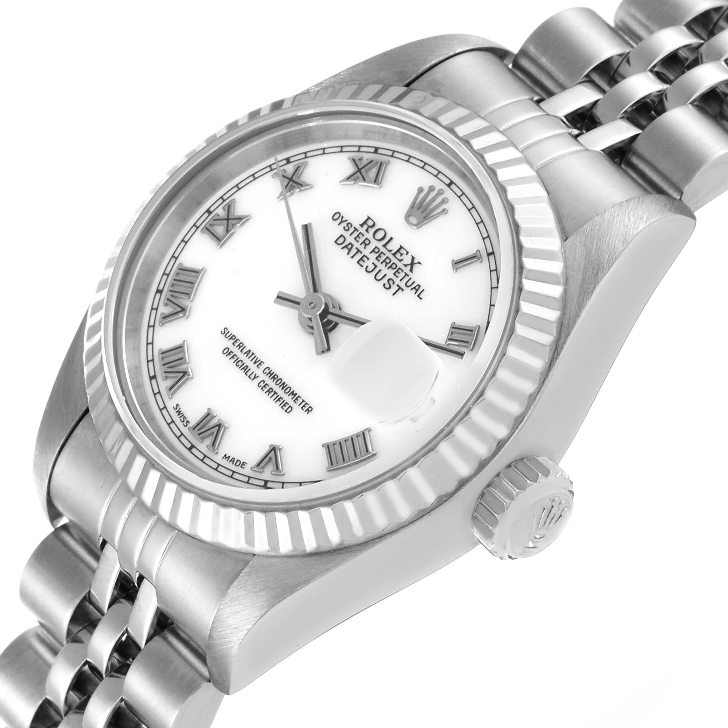 The Rolex Datejust 69174 Women's Stainless Steel White Dial 69174 Women's Stainless Steel White Dial model is shown at an angle displaying the white dial, Roman numerals, fluted bezel, and part of the Jubilee bracelet.