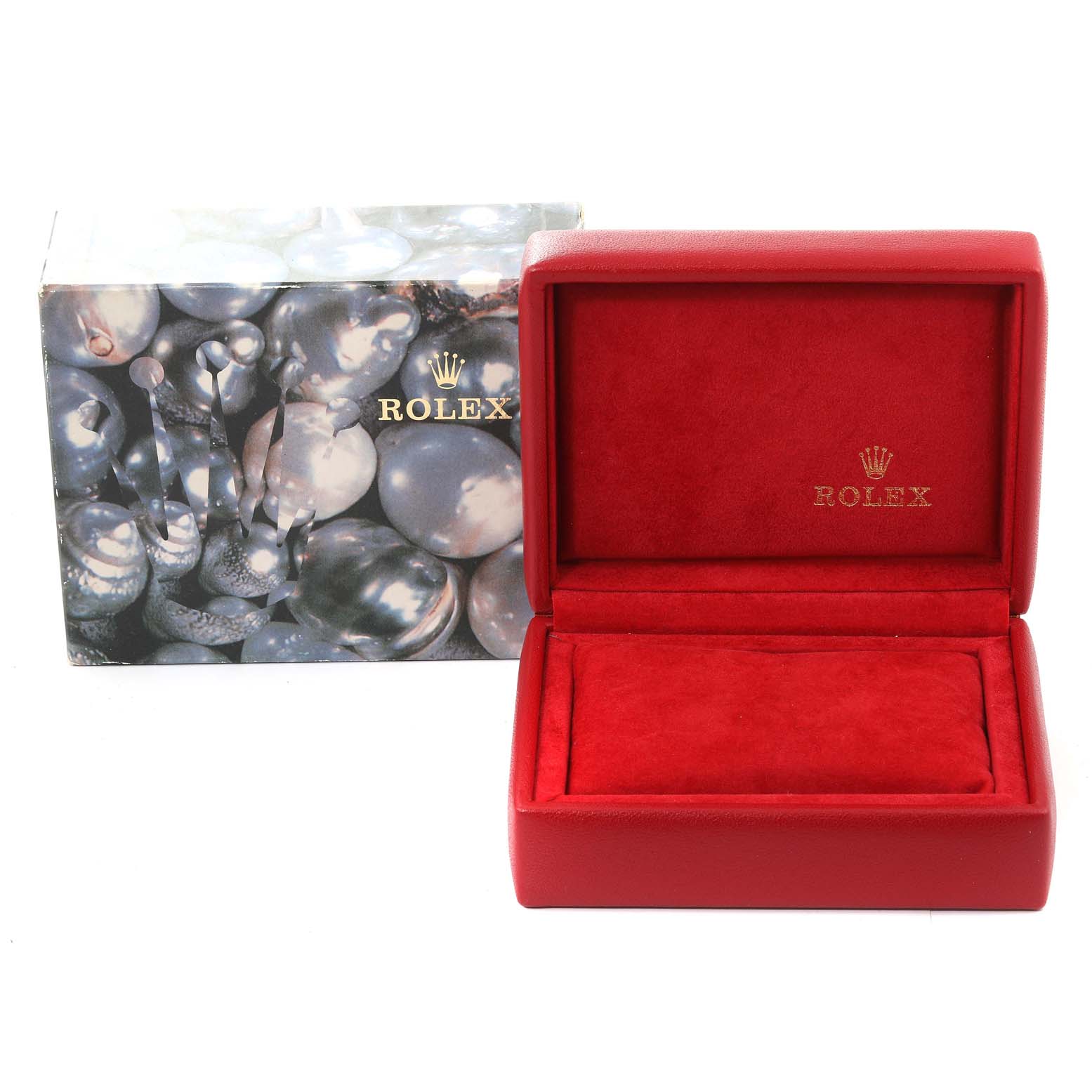 The image shows the Rolex Datejust 69174 Women's Stainless Steel White Dial 69174 Women's Stainless Steel White Dial watch box and packaging, including a red velvet box and an outer box with a pearl design.
