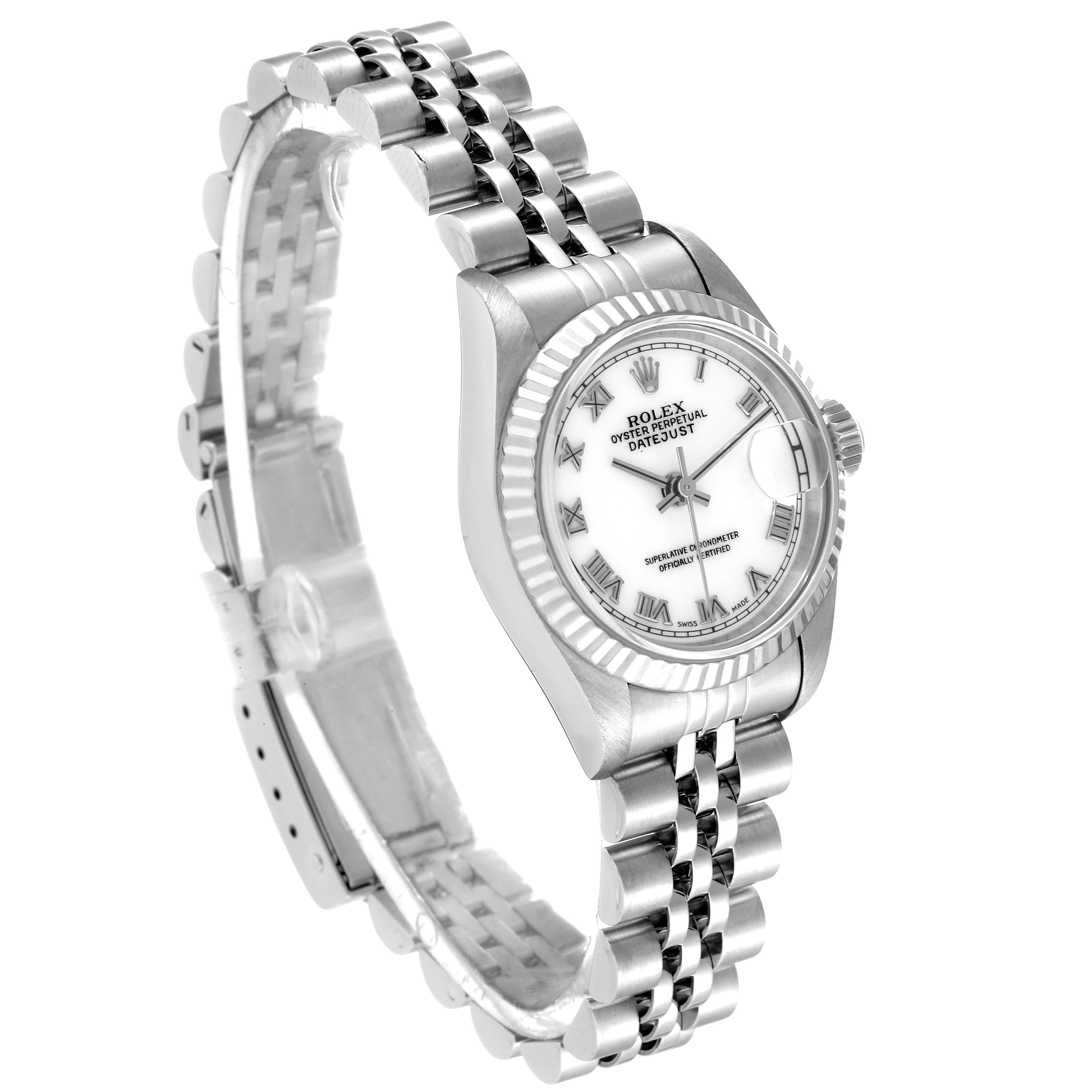 The Rolex Datejust 69174 Women's Stainless Steel White Dial 69174 Women's Stainless Steel White Dial watch is shown at a slight angle, featuring its dial, bezel, bracelet, and crown.