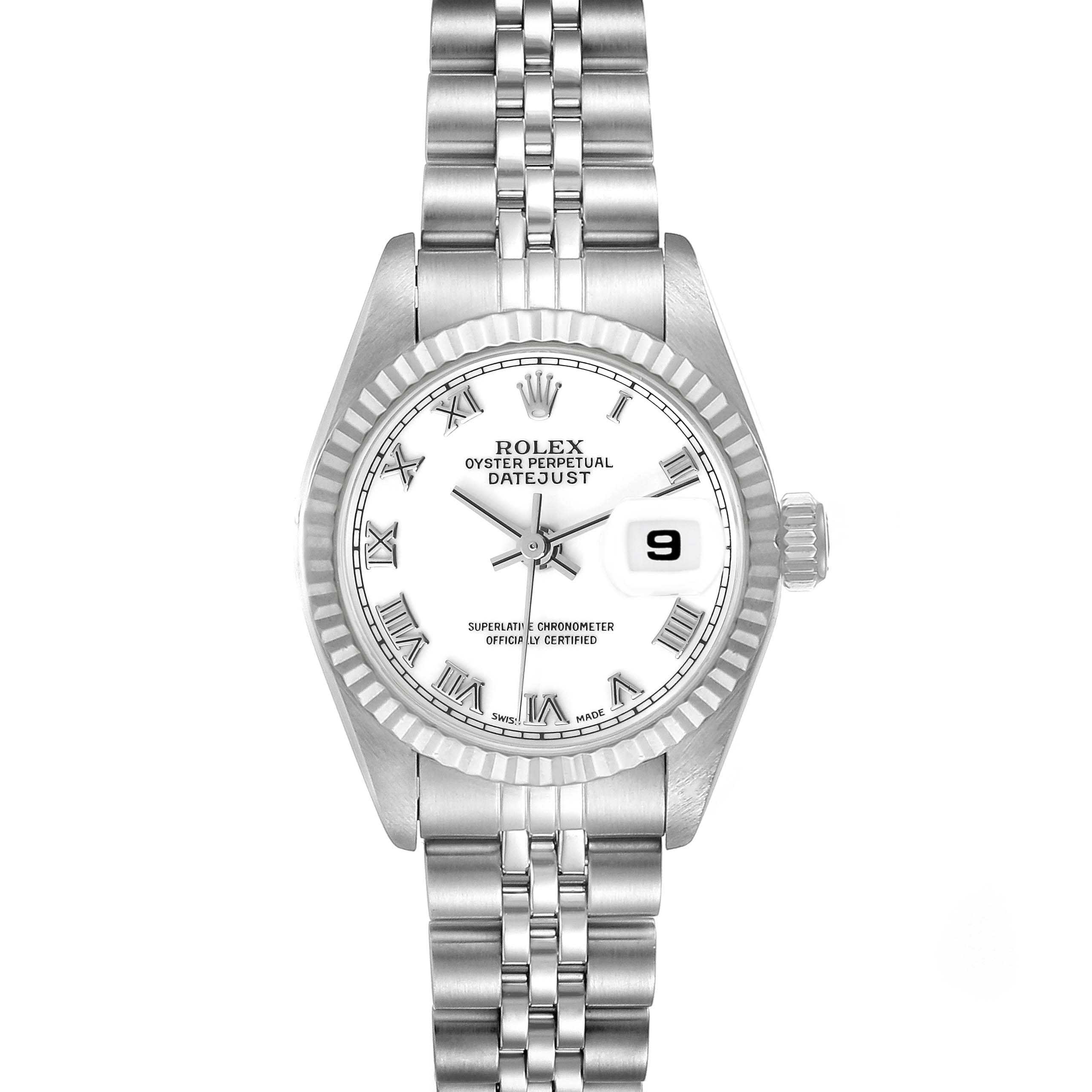 This image shows a front view of the Rolex Datejust 69174 Women's Stainless Steel White Dial 69174 Women's Stainless Steel White Dial watch, showcasing the dial, hands, date window, and bracelet.