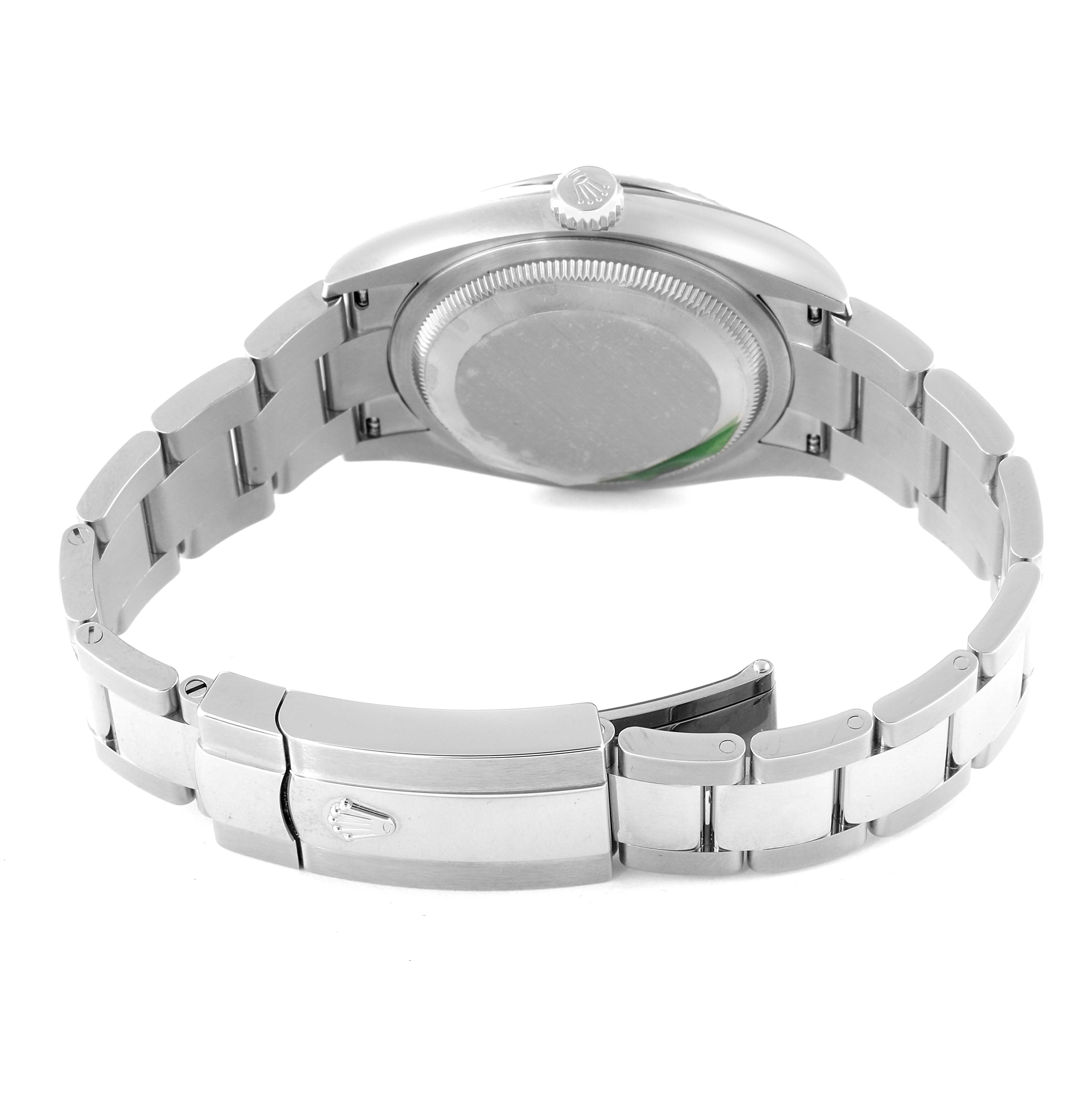 This image shows the back and partially open clasp of a Rolex Datejust 126234 Men's Stainless Steel White Dial 126234 Men's Stainless Steel White Dial watch from a rear angle.