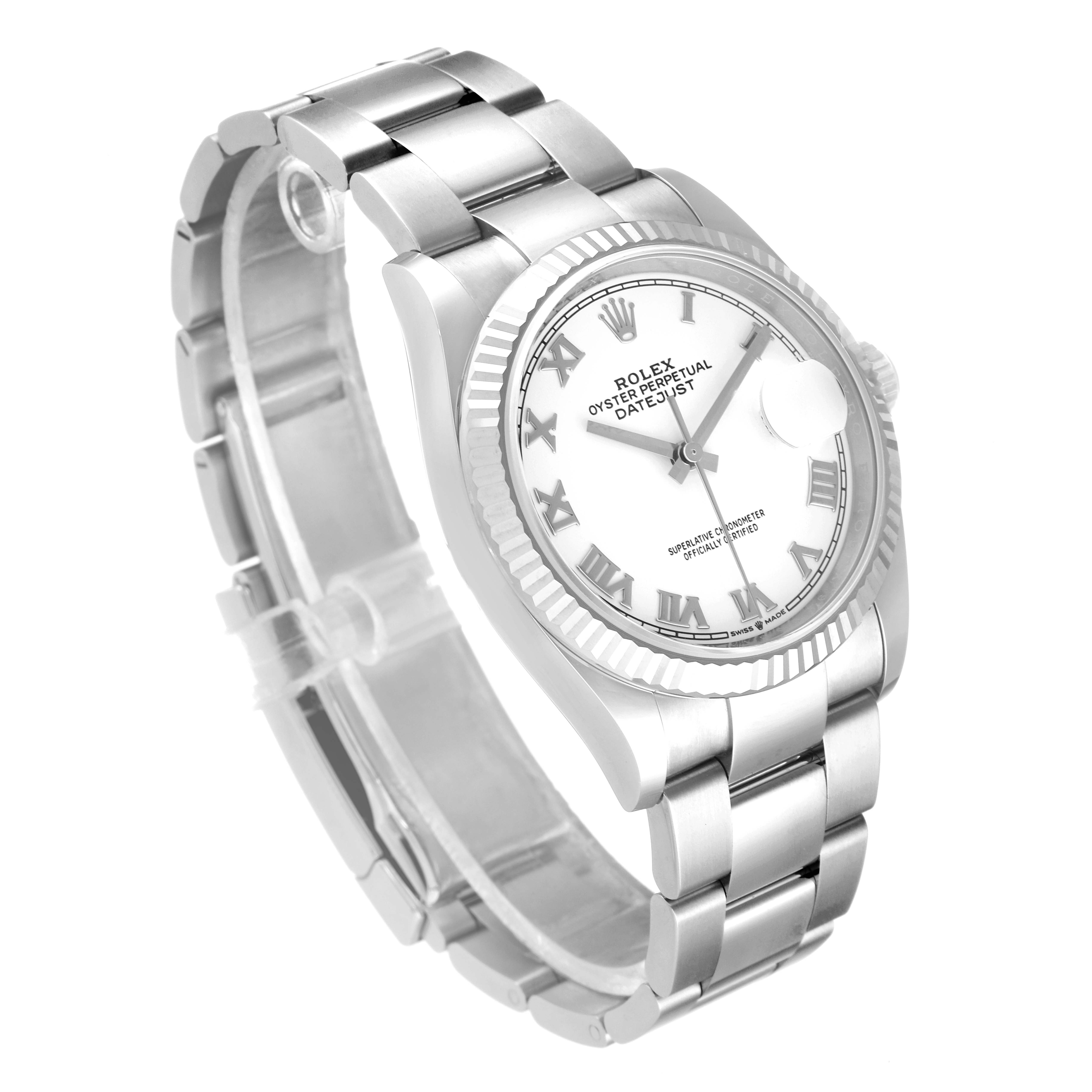 The image shows a Rolex Datejust 126234 Men's Stainless Steel White Dial 126234 Men's Stainless Steel White Dial watch angled to display the dial, bezel, crown, and part of the bracelet.