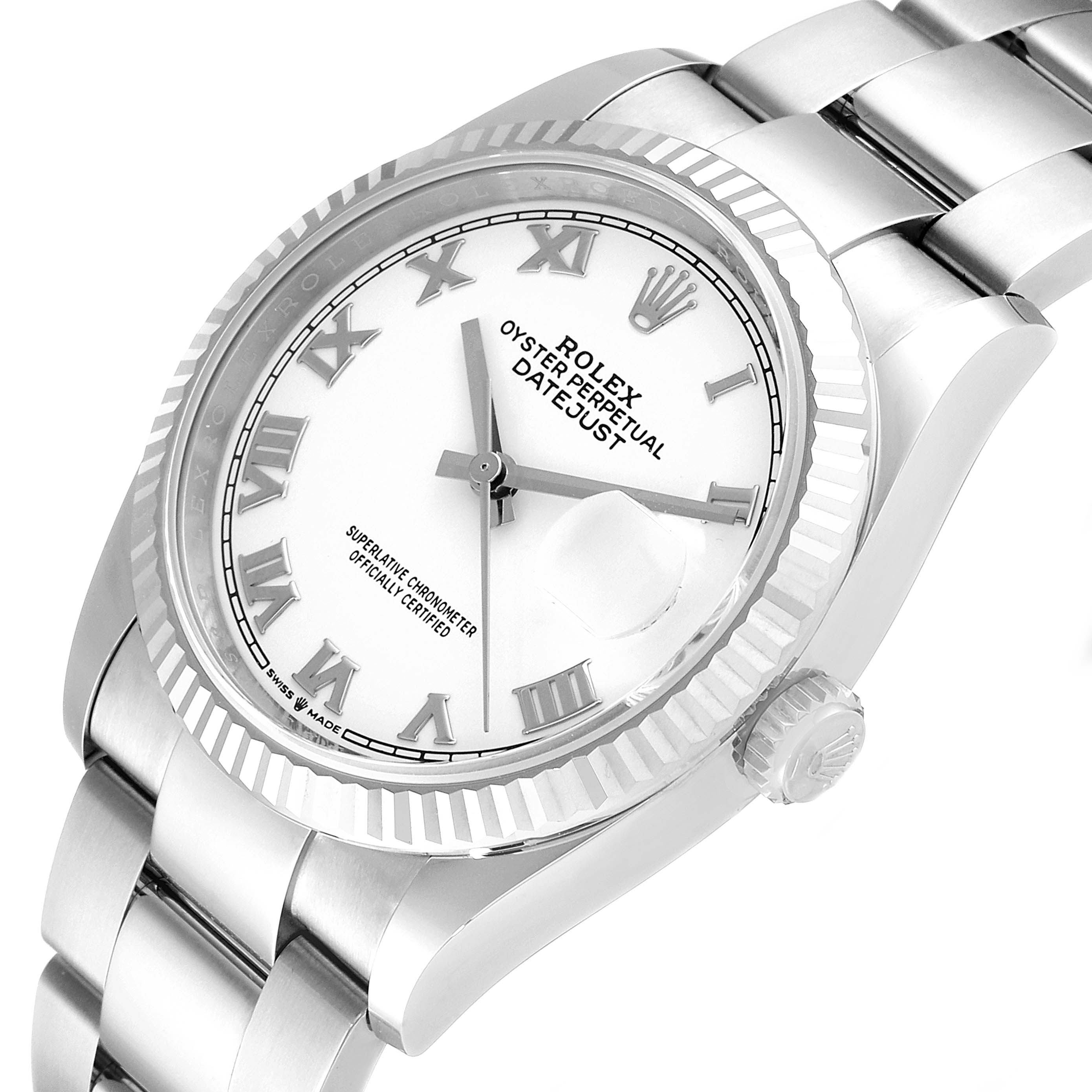 The image shows a Rolex Datejust 126234 Men's Stainless Steel White Dial 126234 Men's Stainless Steel White Dial watch from a three-quarter angle, highlighting the face, bezel, crown, and part of the bracelet.