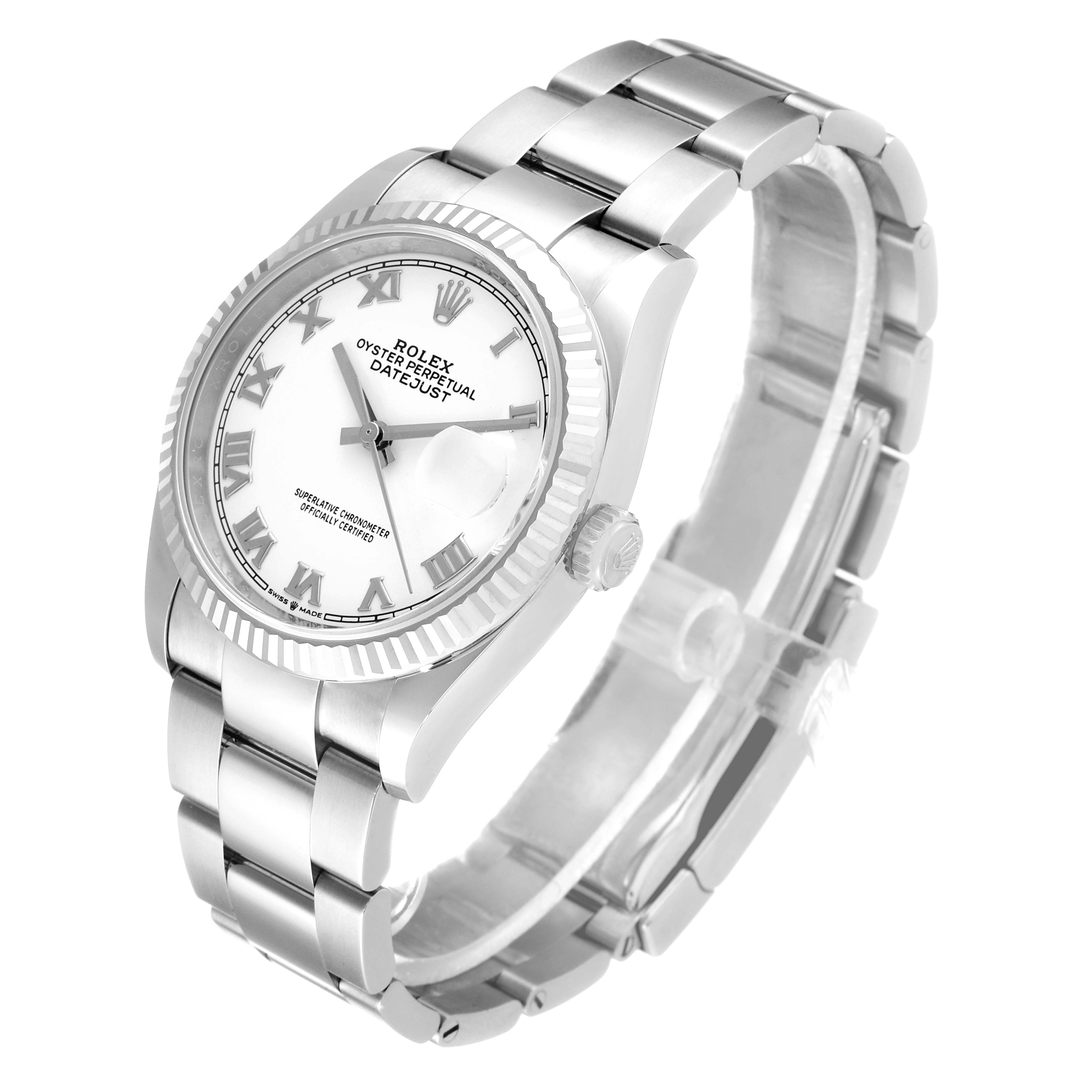 The image displays a Rolex Datejust 126234 Men's Stainless Steel White Dial 126234 Men's Stainless Steel White Dial watch at a slight side angle, showing the dial, crown, bezel, and part of the bracelet.