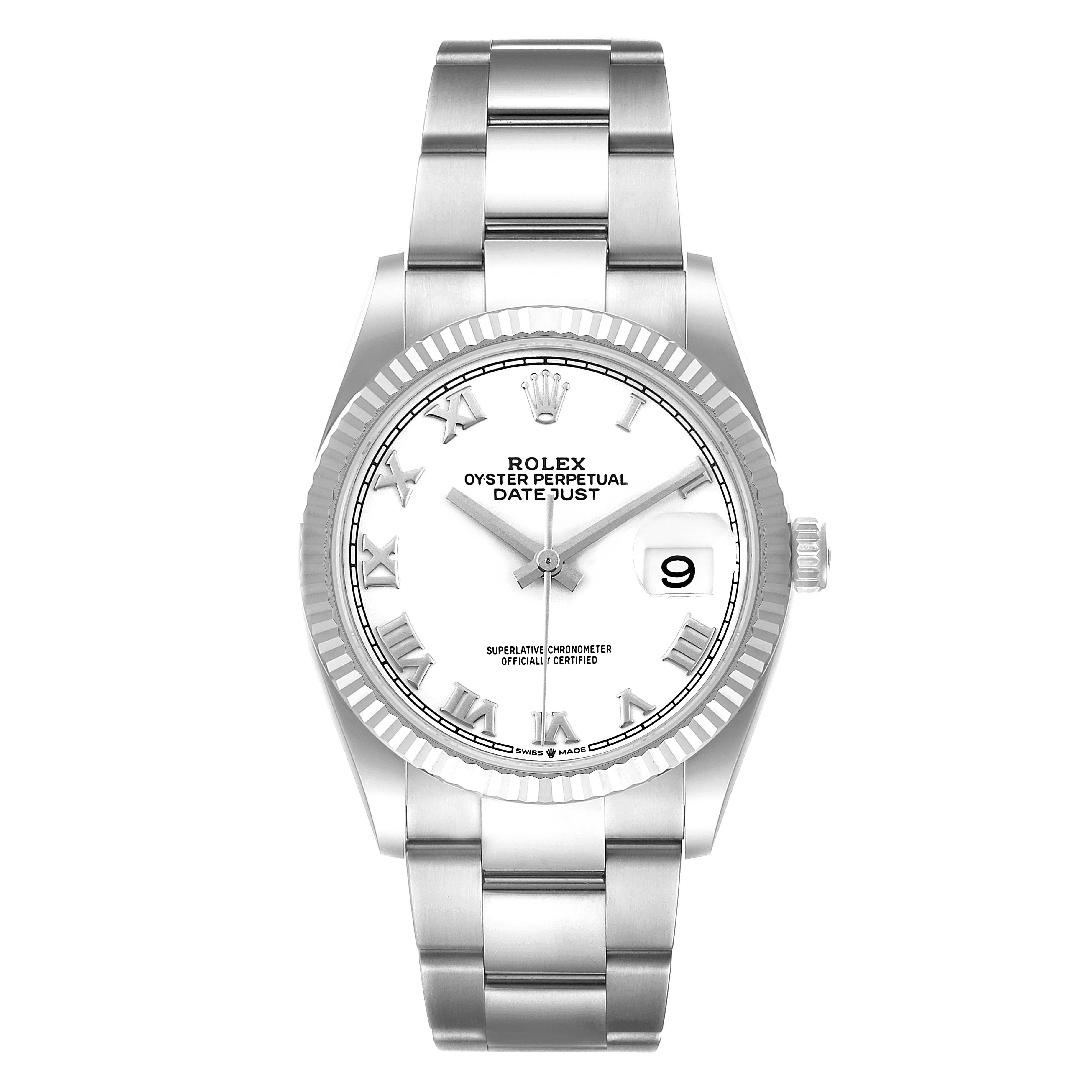 The image shows a front view of the Rolex Datejust 126234 Men's Stainless Steel White Dial 126234 Men's Stainless Steel White Dial watch, featuring the dial, hour markers, and bracelet.