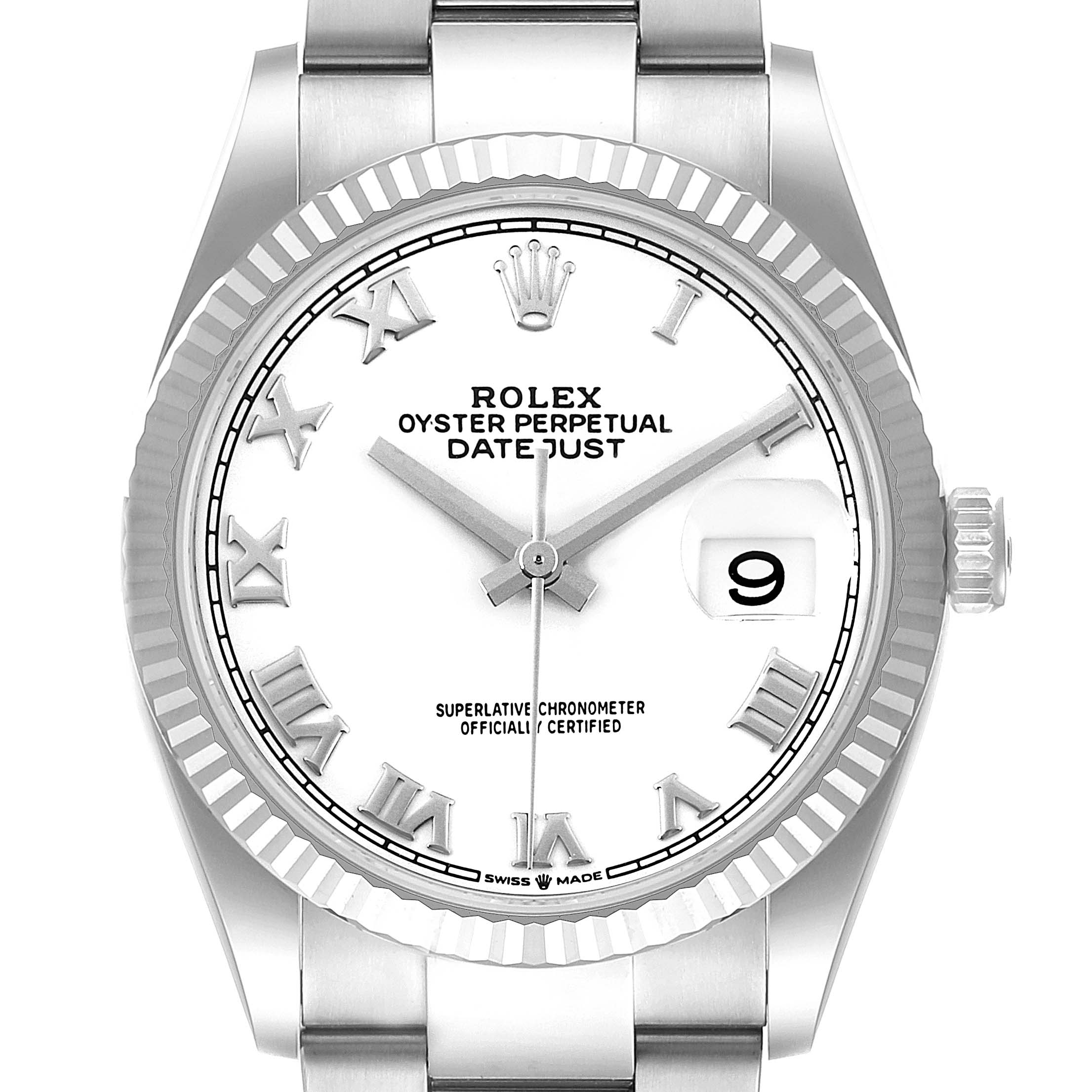 This image shows a close-up view of a Rolex Datejust 126234 Men's Stainless Steel White Dial 126234 Men's Stainless Steel White Dial model watch, highlighting the dial, hands, bezel, and part of the bracelet.