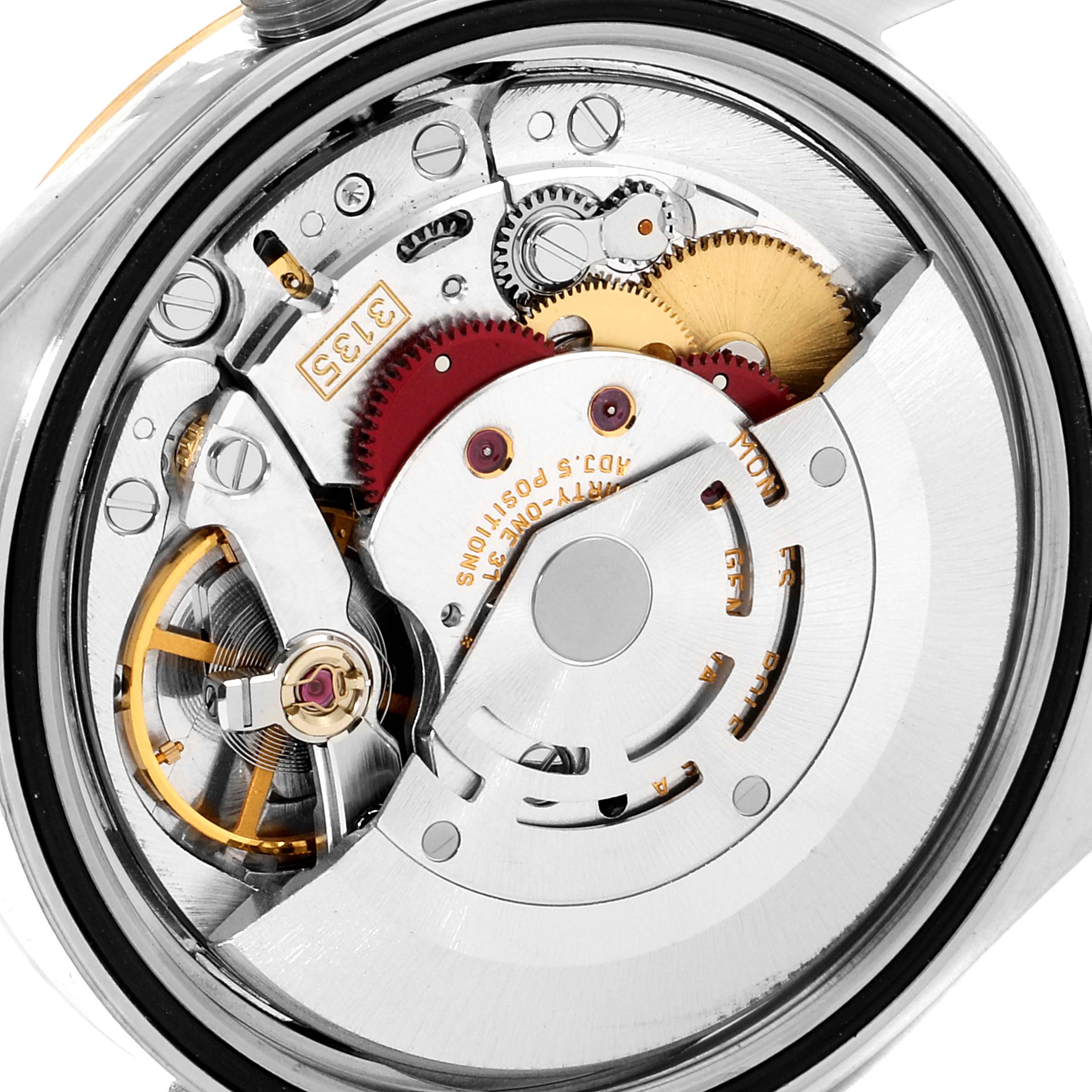 This image shows a close-up of the movement mechanism of a Rolex Datejust 16233 Men's Steel and Gold (two tone) Champagne Dial 16233 Men's Steel and Gold (two tone) Champagne Dial watch from the back.