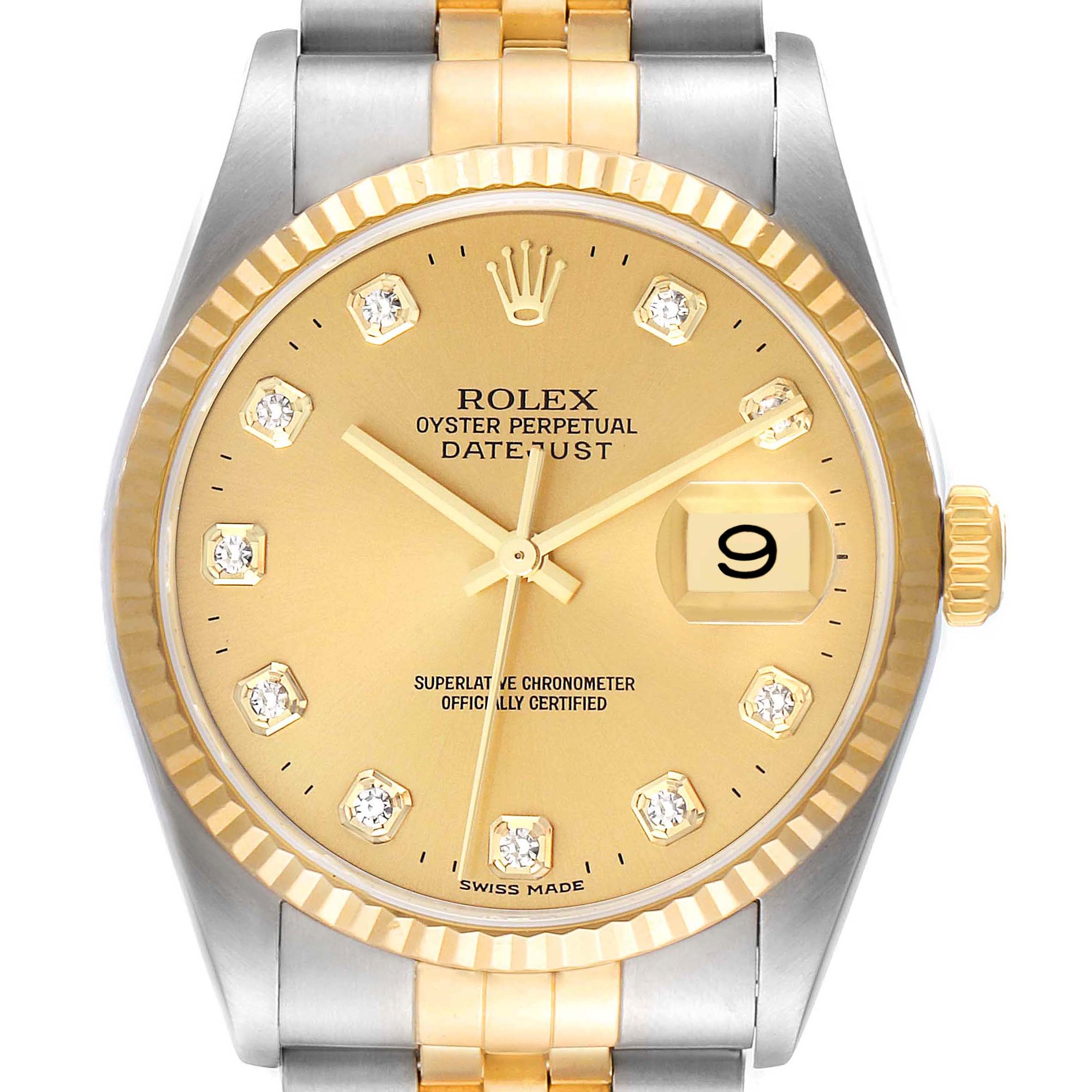 The image shows a front view of a Rolex Datejust 16233 Men's Steel and Gold (two tone) Champagne Dial 16233 Men's Steel and Gold (two tone) Champagne Dial watch with a gold dial, diamond hour markers, and a two-tone bracelet.
