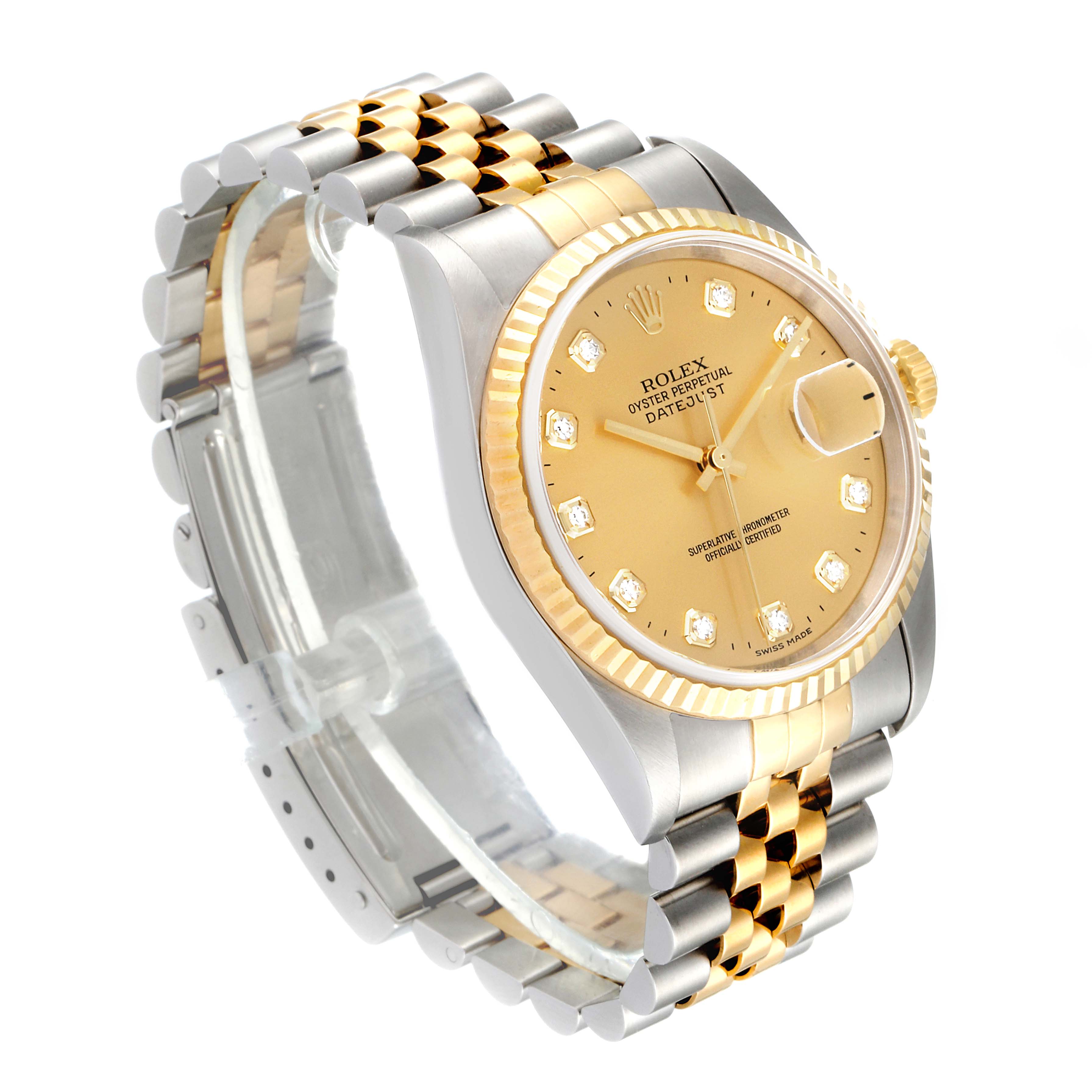 The image shows a Rolex Datejust 16233 Men's Steel and Gold (two tone) Champagne Dial 16233 Men's Steel and Gold (two tone) Champagne Dial watch from an angled front and side view, highlighting the face, bezel, and two-tone bracelet.