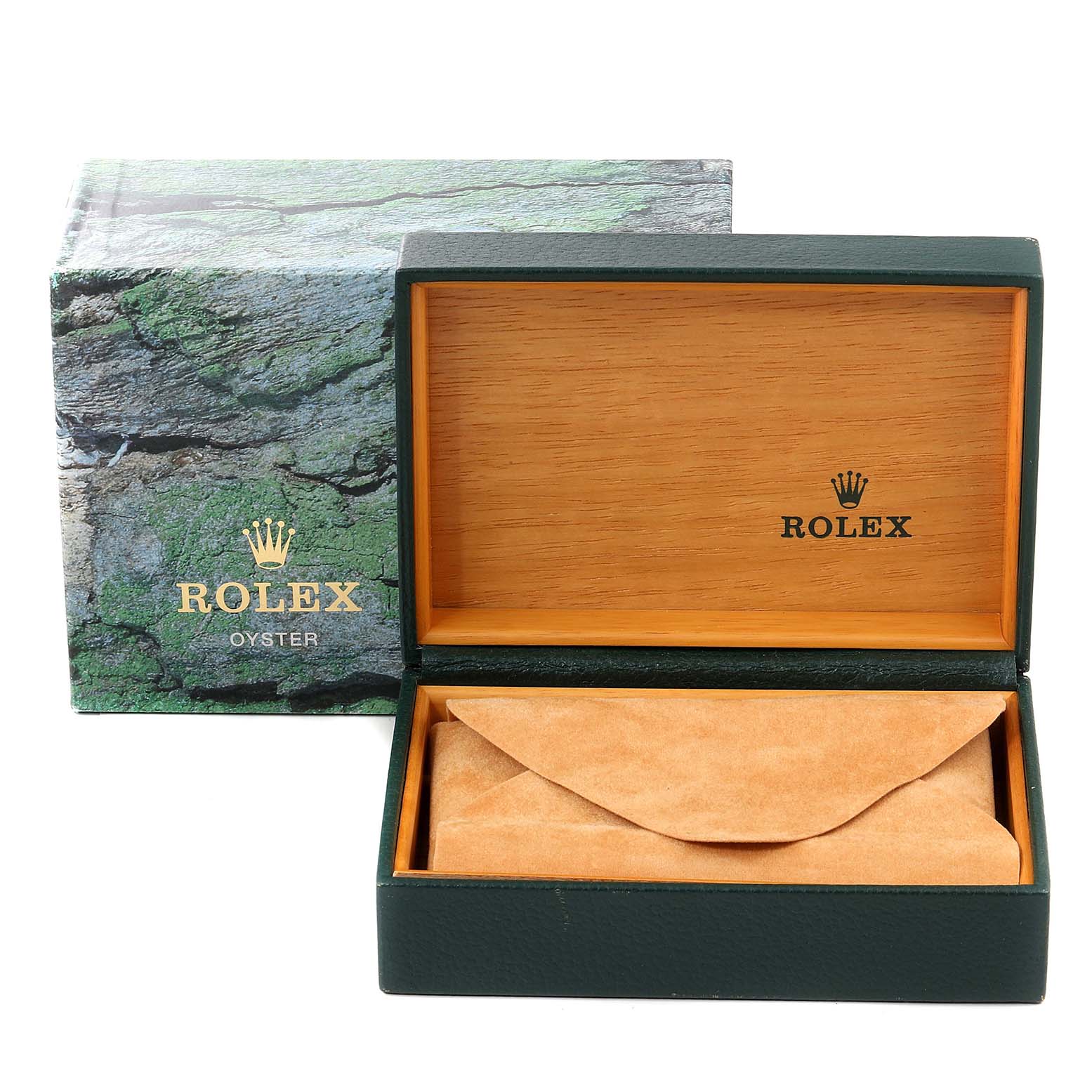 The image shows a Rolex Datejust 16233 Men's Steel and Gold (two tone) Champagne Dial 16233 Men's Steel and Gold (two tone) Champagne Dial watch box and its green and brown exterior packaging from a front angle.