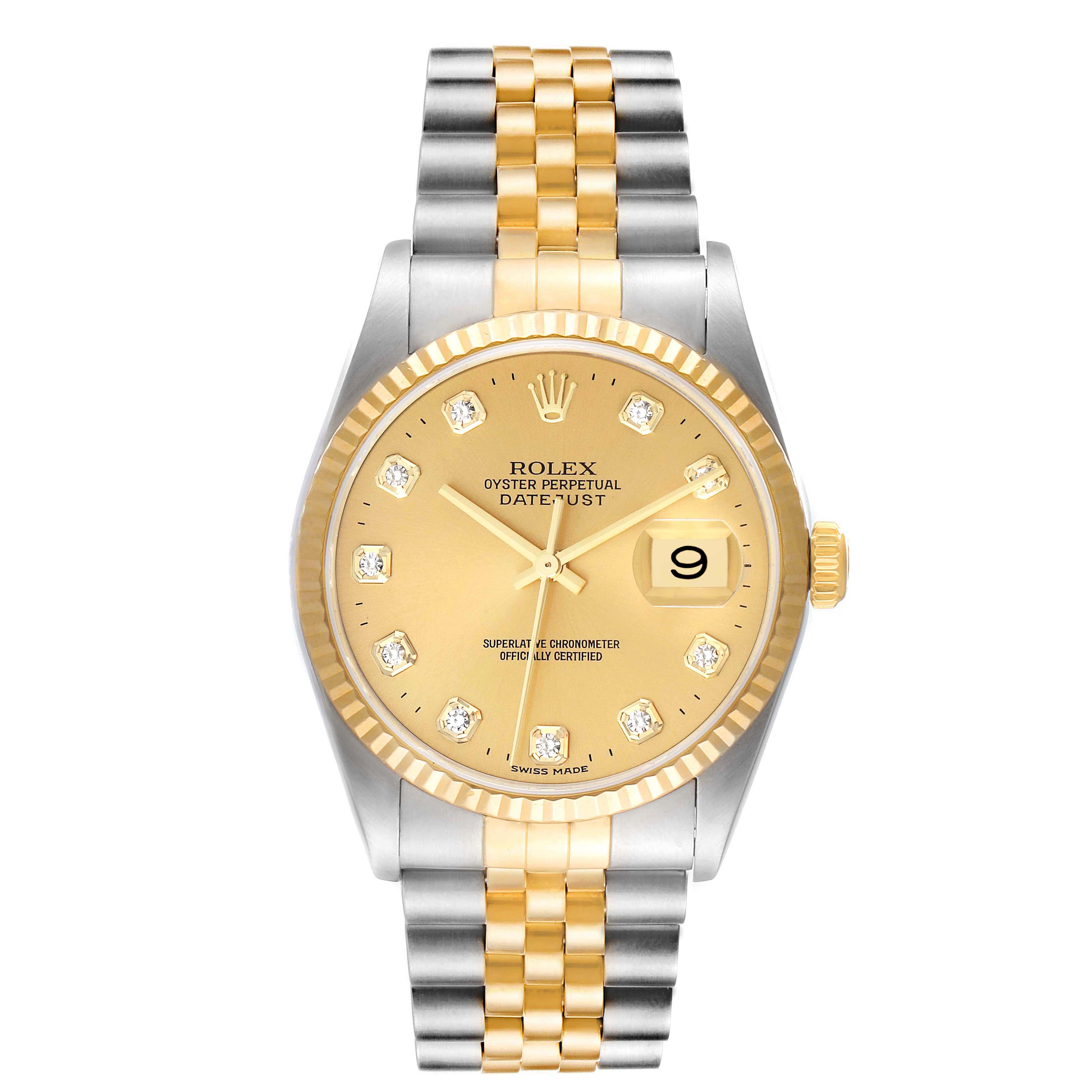 The image shows a front view of the Rolex Datejust 16233 Men's Steel and Gold (two tone) Champagne Dial 16233 Men's Steel and Gold (two tone) Champagne Dial watch, highlighting its two-tone bracelet and gold dial with diamond markers.