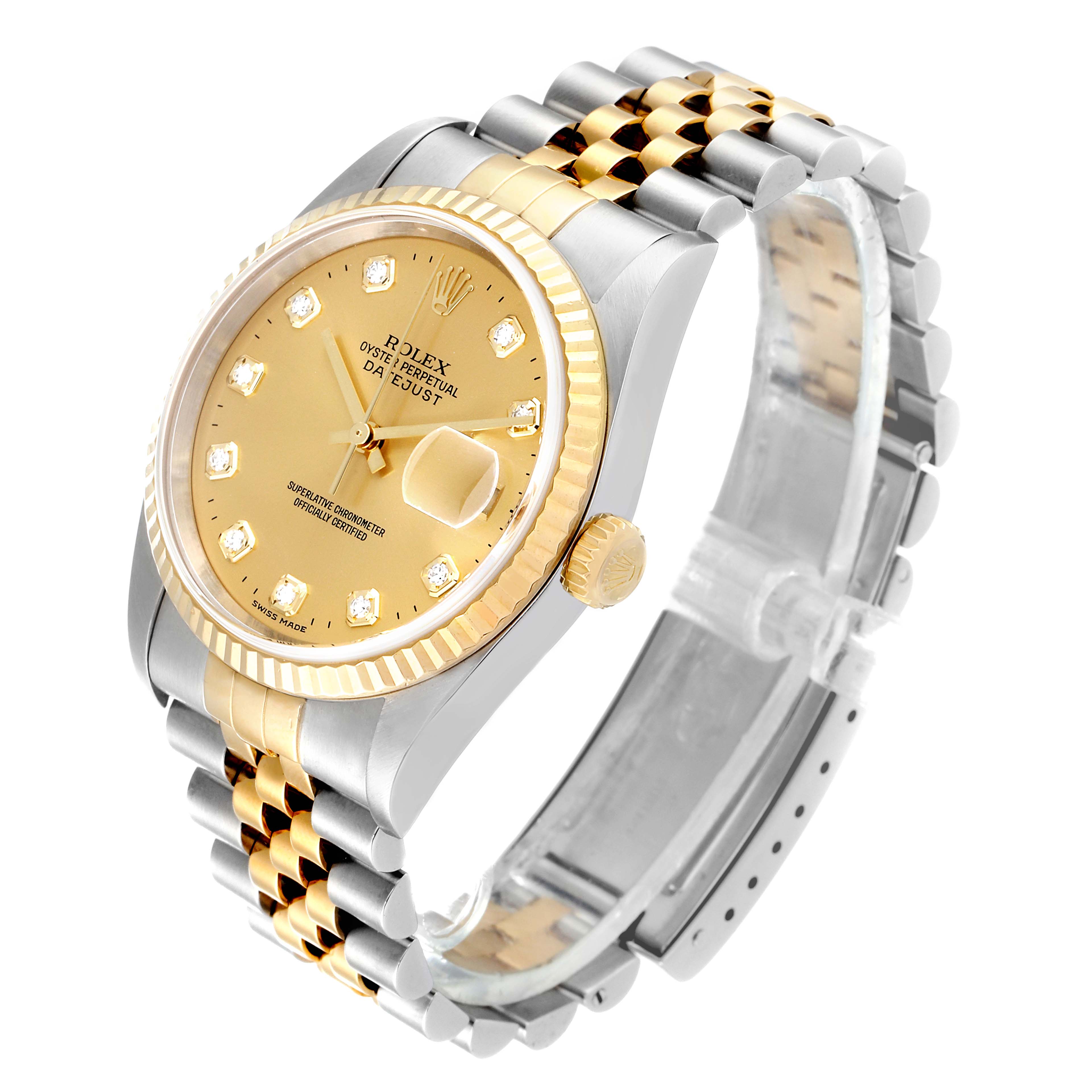 The Rolex Datejust 16233 Men's Steel and Gold (two tone) Champagne Dial 16233 Men's Steel and Gold (two tone) Champagne Dial watch is shown at a three-quarter angle, displaying the face, bracelet, and crown.