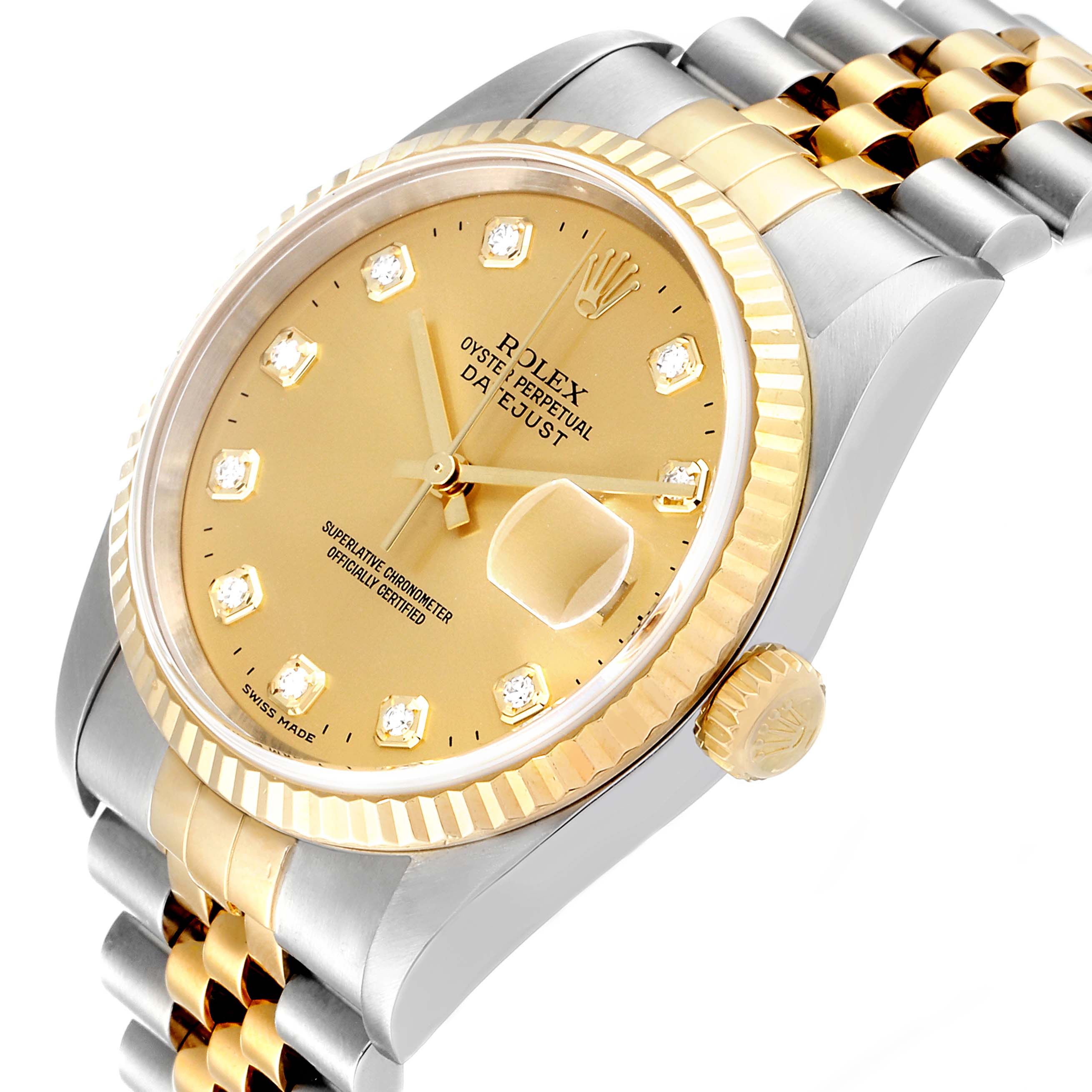 This image shows a Rolex Datejust 16233 Men's Steel and Gold (two tone) Champagne Dial 16233 Men's Steel and Gold (two tone) Champagne Dial watch at a slight diagonal angle, highlighting the dial, bezel, crown, and bracelet.