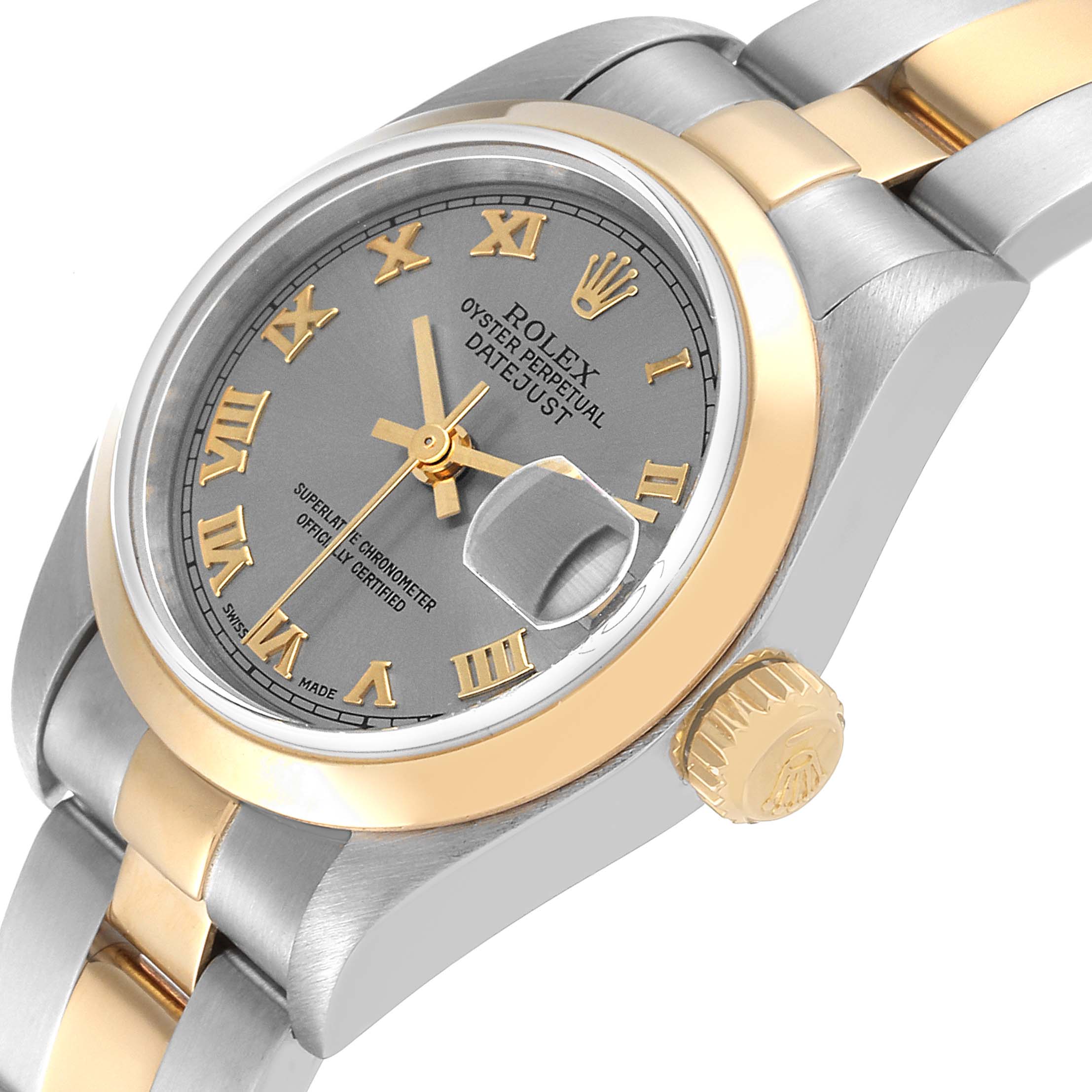 The Rolex Datejust 79163 Women's Steel and Gold (two tone) Grey Dial 79163 Women's Steel and Gold (two tone) Grey Dial watch is shown from a top-left angle, highlighting the dial, bezel, crown, and bracelet.