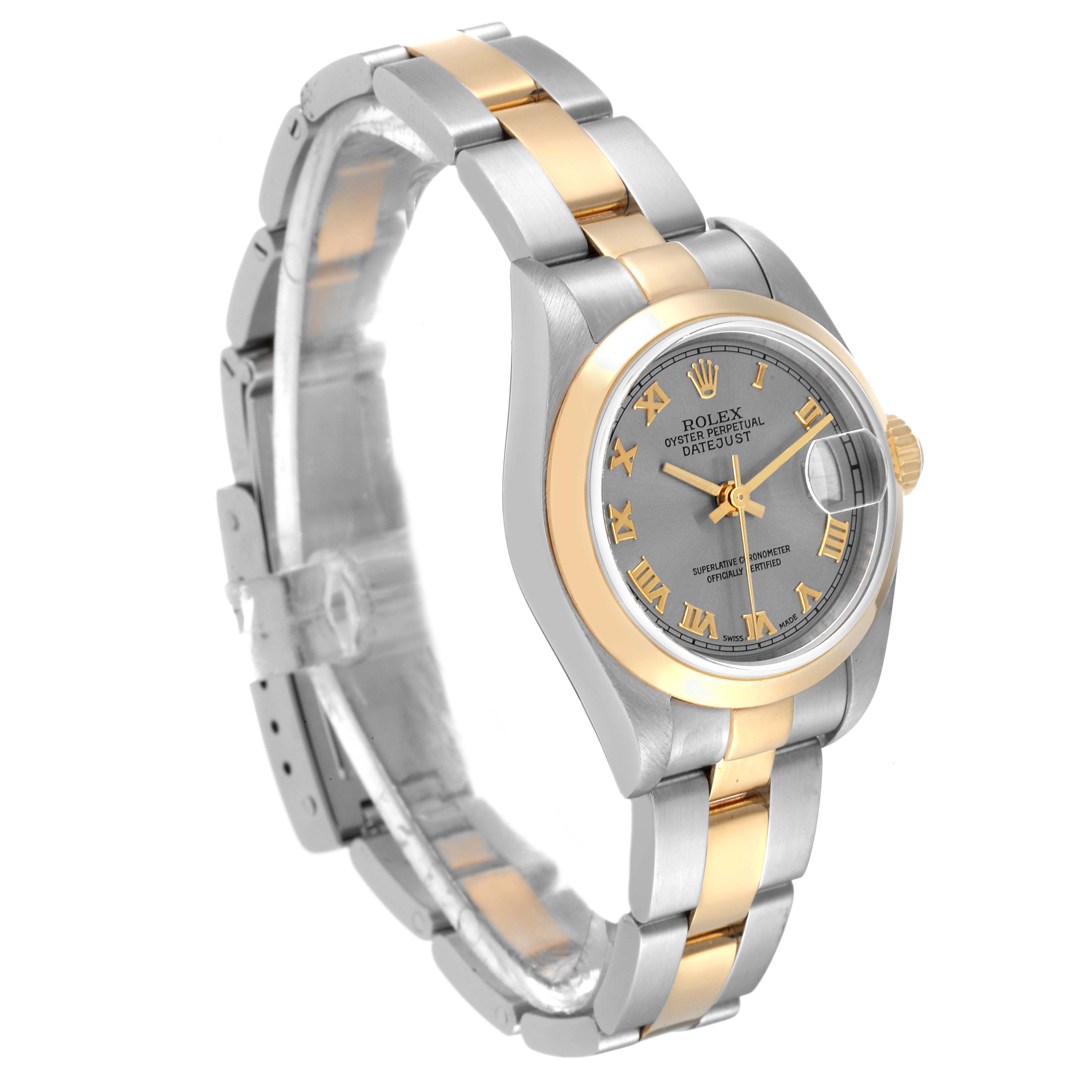 The image shows a side angle of a Rolex Datejust 79163 Women's Steel and Gold (two tone) Grey Dial 79163 Women's Steel and Gold (two tone) Grey Dial watch, highlighting its band, bezel, dial, and crown.