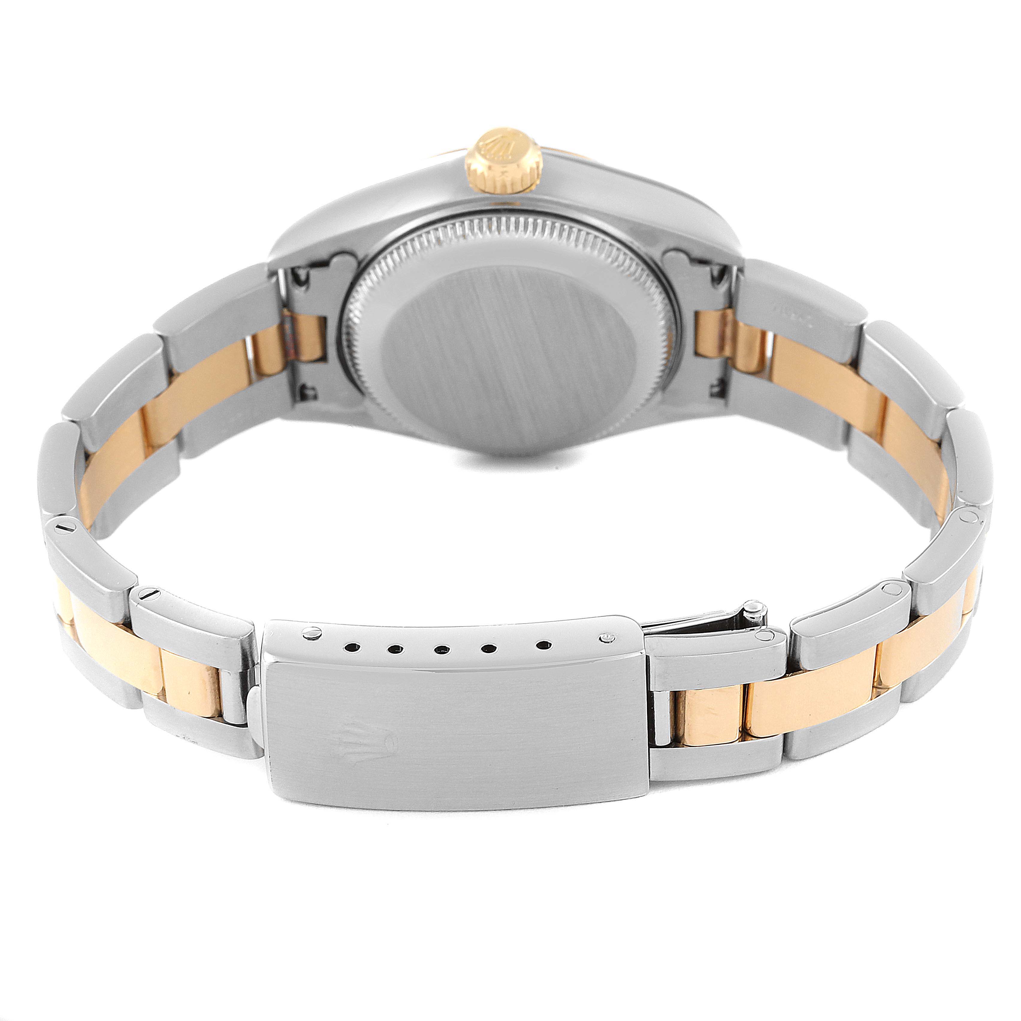 The image shows the back of a Rolex Datejust 79163 Women's Steel and Gold (two tone) Grey Dial 79163 Women's Steel and Gold (two tone) Grey Dial watch, highlighting the caseback, crown, and two-tone bracelet with the clasp.