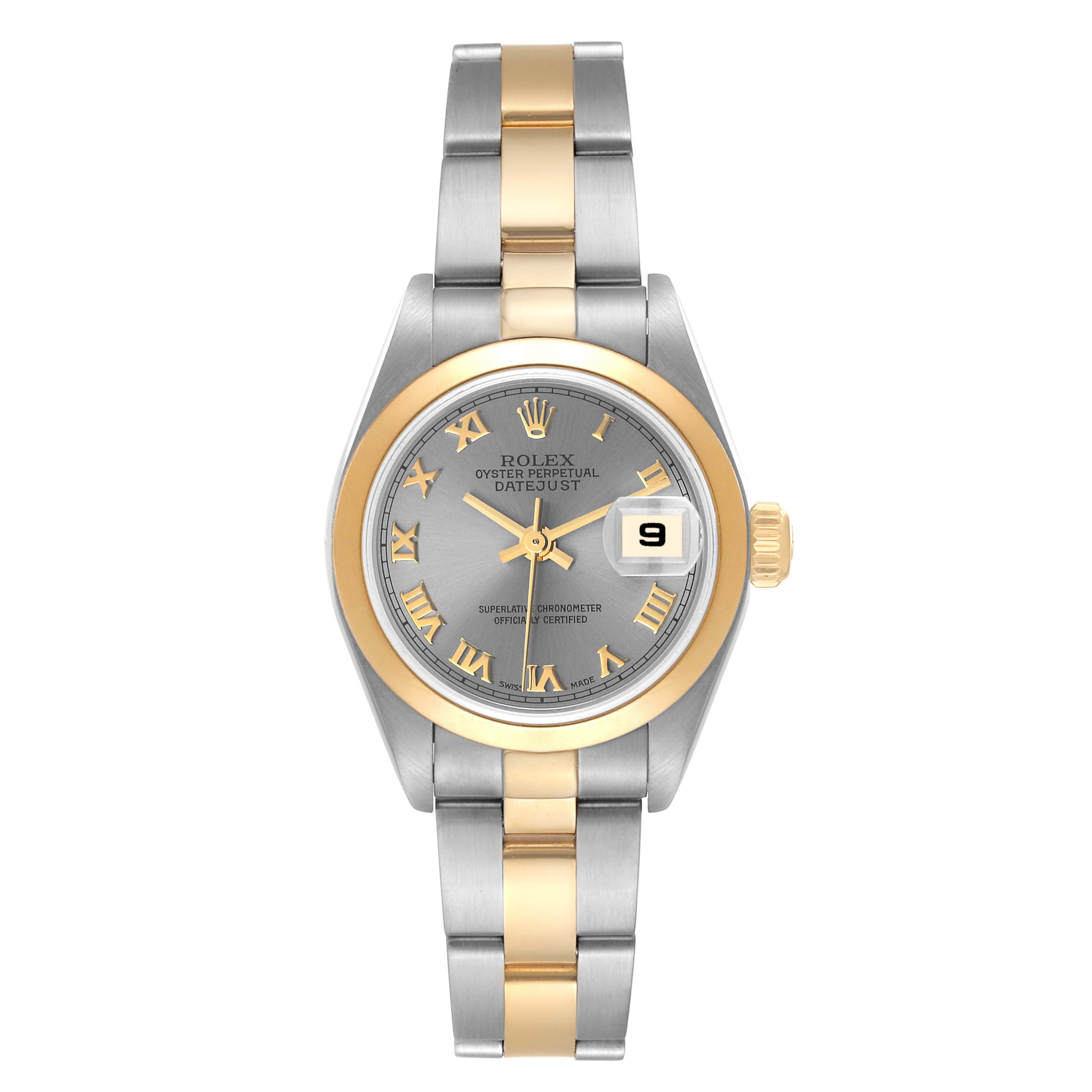 This is a front-facing view of a Rolex Datejust 79163 Women's Steel and Gold (two tone) Grey Dial 79163 Women's Steel and Gold (two tone) Grey Dial watch, showing the dial, case, bezel, and bracelet.
