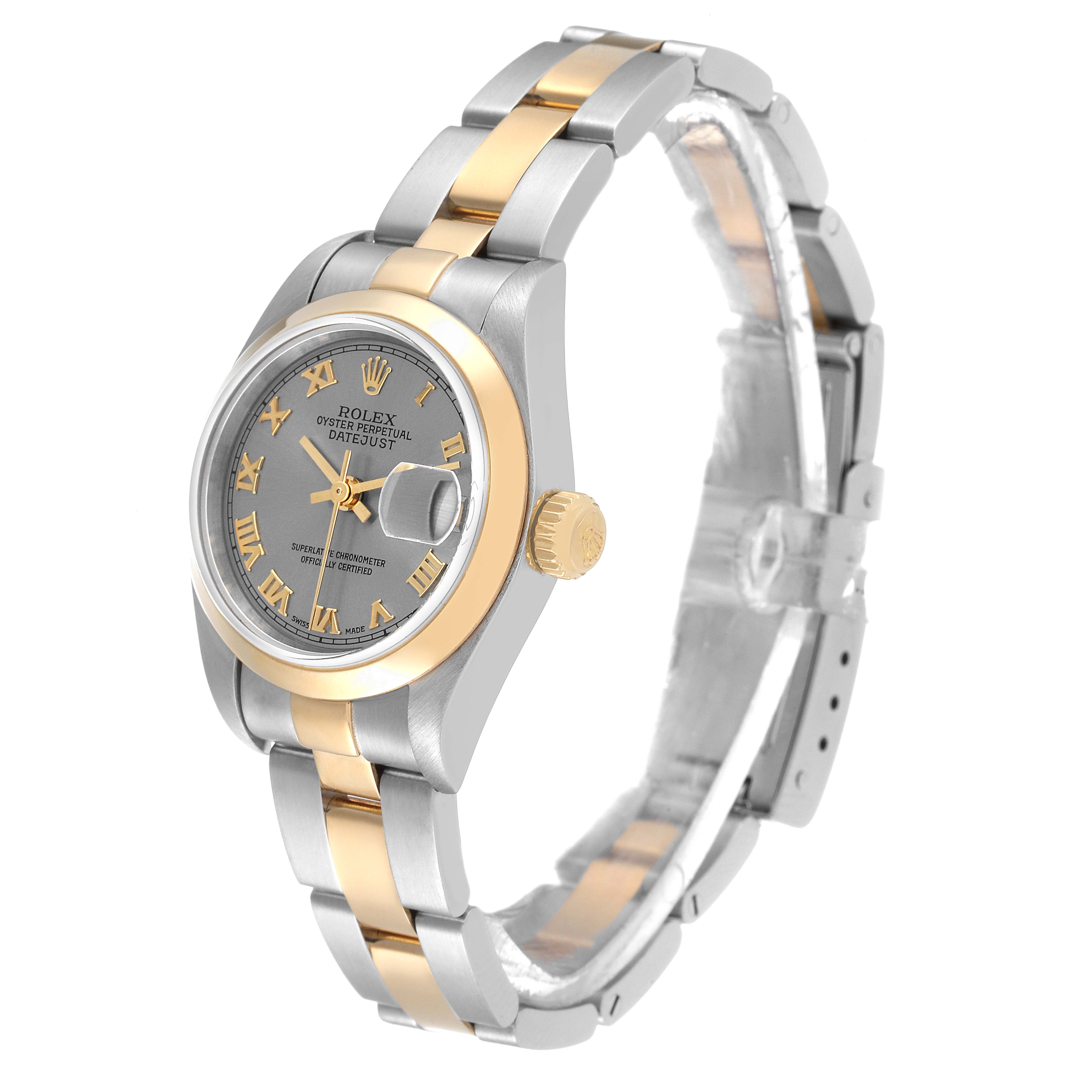 This Rolex Datejust 79163 Women's Steel and Gold (two tone) Grey Dial 79163 Women's Steel and Gold (two tone) Grey Dial watch is shown from a three-quarter angle, displaying its face, bracelet, and crown.