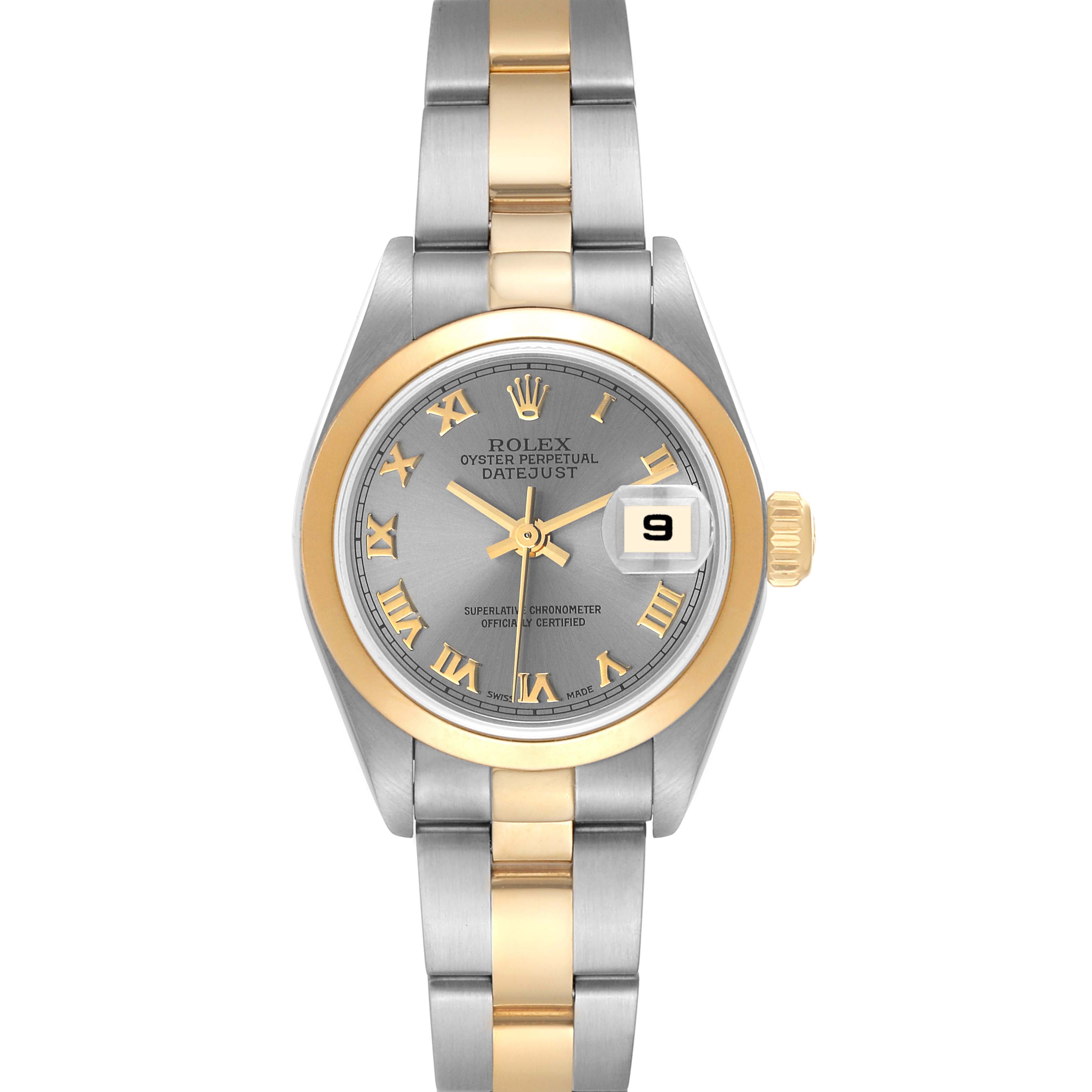 This image shows a Rolex Datejust 79163 Women's Steel and Gold (two tone) Grey Dial 79163 Women's Steel and Gold (two tone) Grey Dial watch from the front, featuring its dial, bezel, crown, and bracelet.