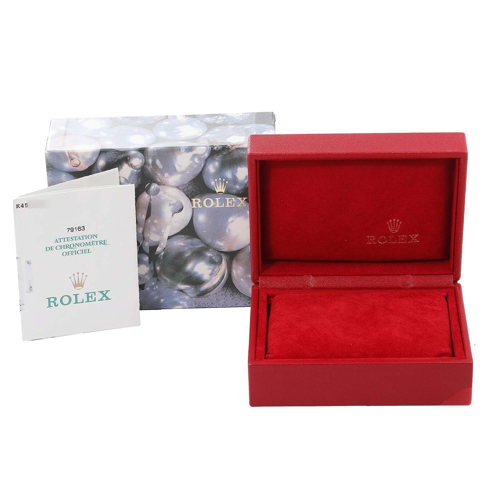 The image shows a red Rolex Datejust 79163 Women's Steel and Gold (two tone) Grey Dial 79163 Women's Steel and Gold (two tone) Grey Dial watch box, the outer box with a bubble design, and a certification booklet.