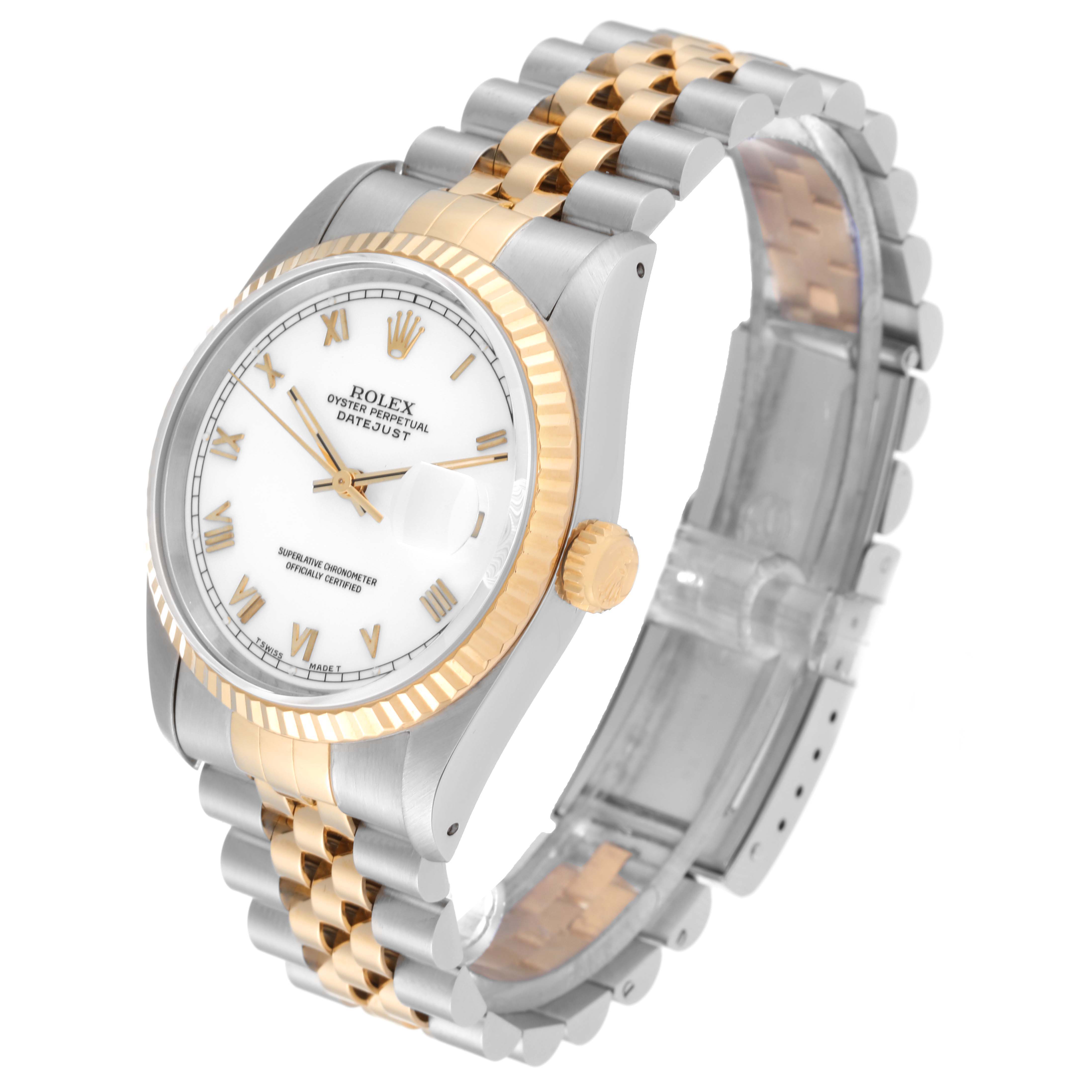 The Rolex Datejust 16233 Men's Steel and Gold (two tone) White Dial 16233 Men's Steel and Gold (two tone) White Dial watch is shown at a slight angle, displaying the face, bezel, crown, and two-tone bracelet.
