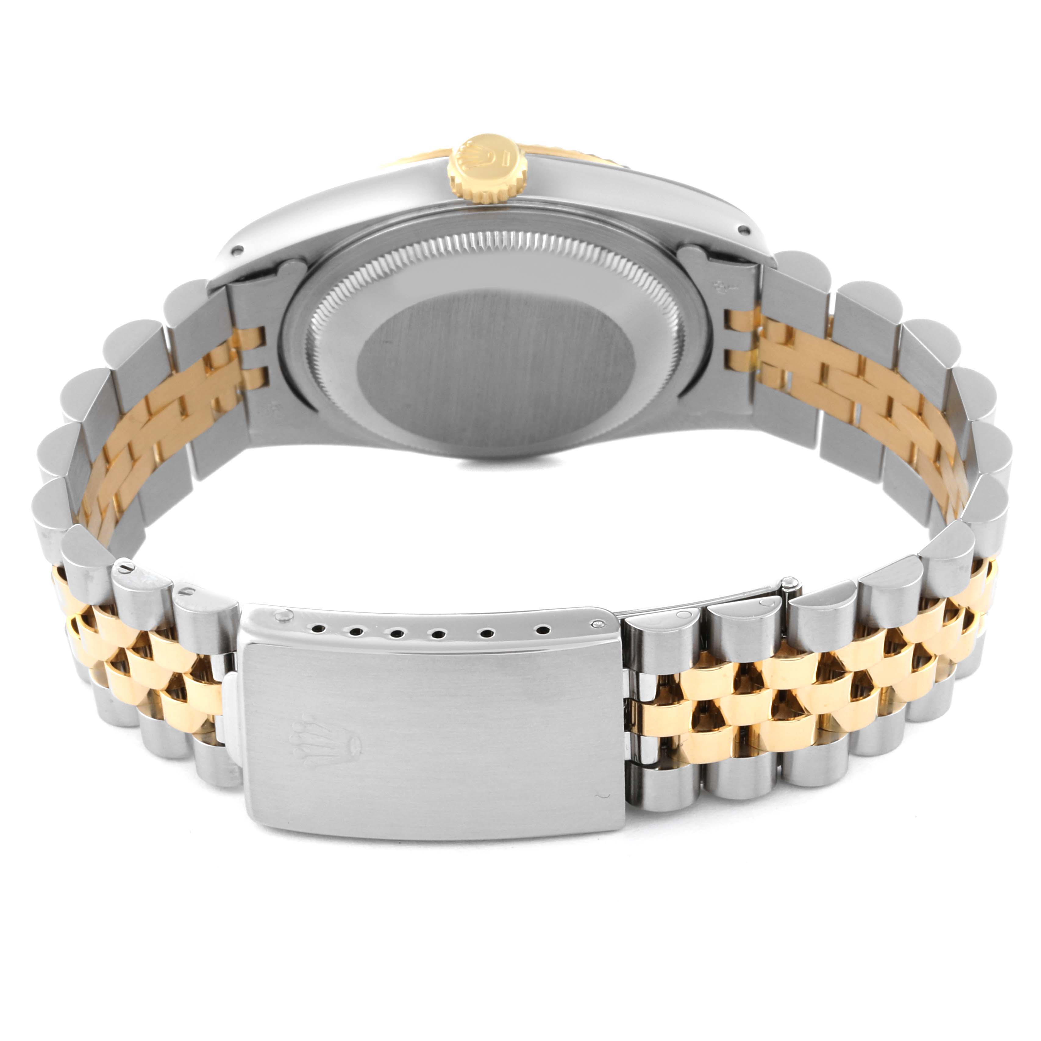 This image of the Rolex Datejust 16233 Men's Steel and Gold (two tone) White Dial 16233 Men's Steel and Gold (two tone) White Dial watch shows the back view, including the casing, crown, and two-tone Jubilee bracelet with clasp.