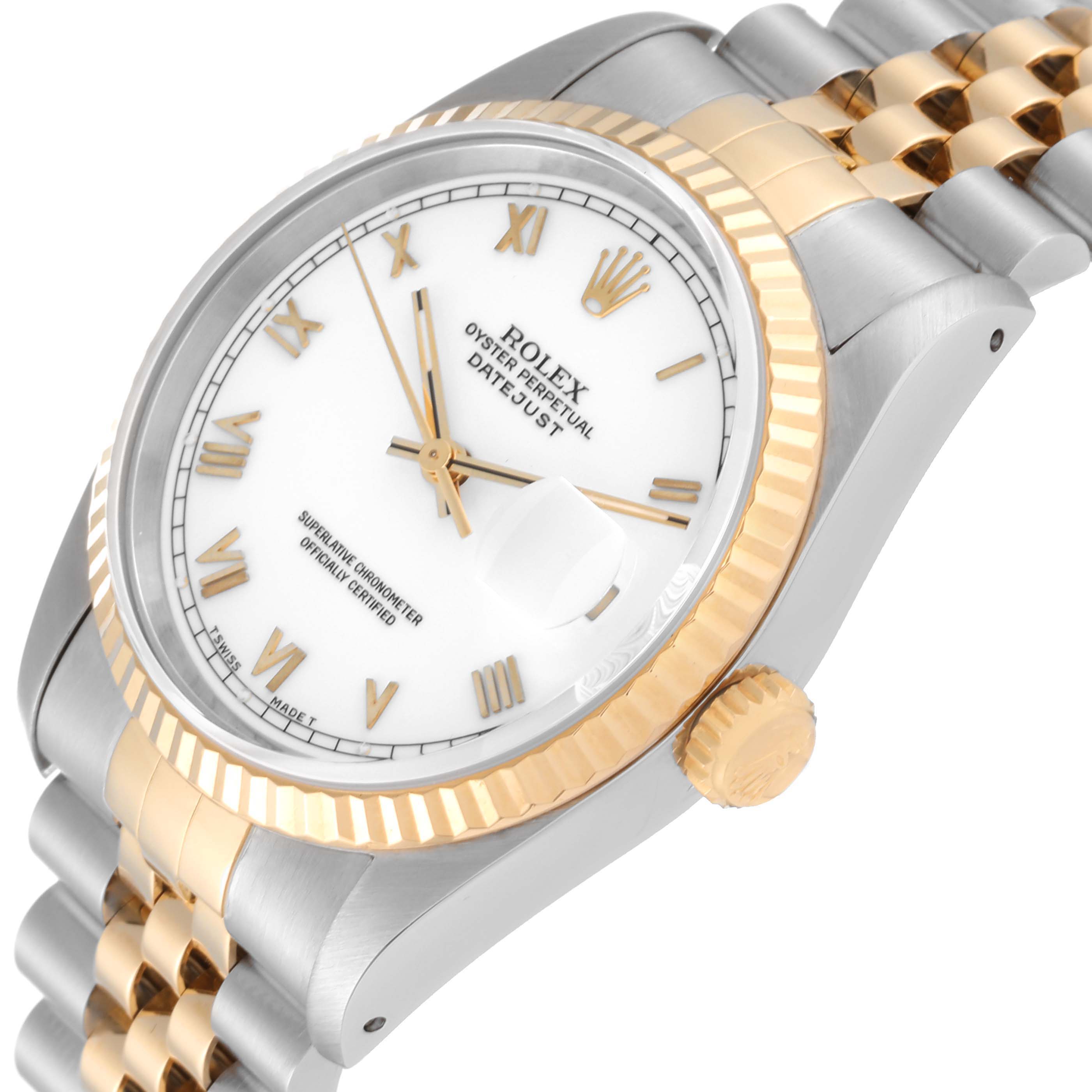 The image shows a close-up, angled view of a Rolex Datejust 16233 Men's Steel and Gold (two tone) White Dial 16233 Men's Steel and Gold (two tone) White Dial watch, displaying its white dial, gold Roman numerals, bezel, and two-tone bracelet.
