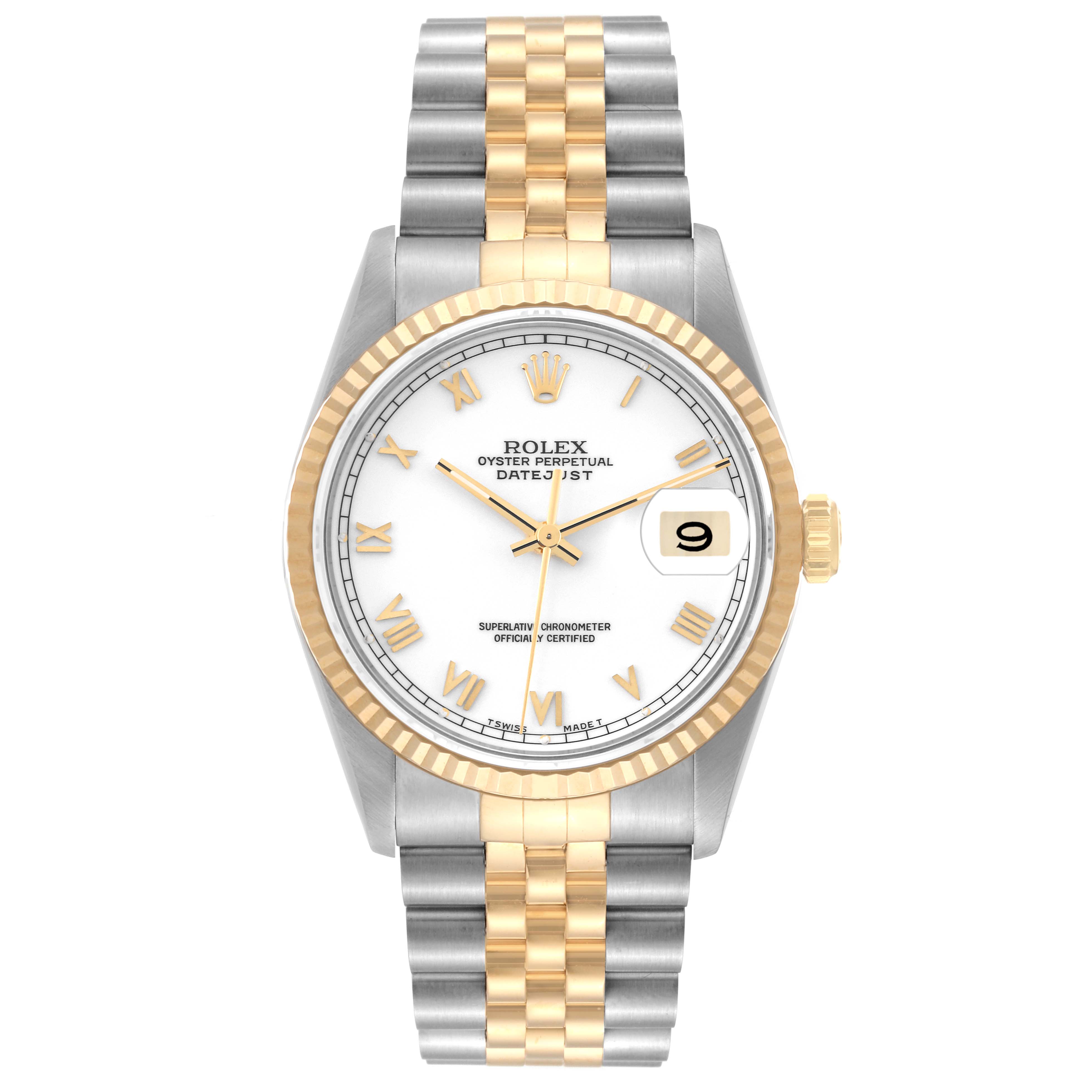 This image shows a front view of a Rolex Datejust 16233 Men's Steel and Gold (two tone) White Dial 16233 Men's Steel and Gold (two tone) White Dial watch showcasing its dial, bracelet, and fluted bezel.