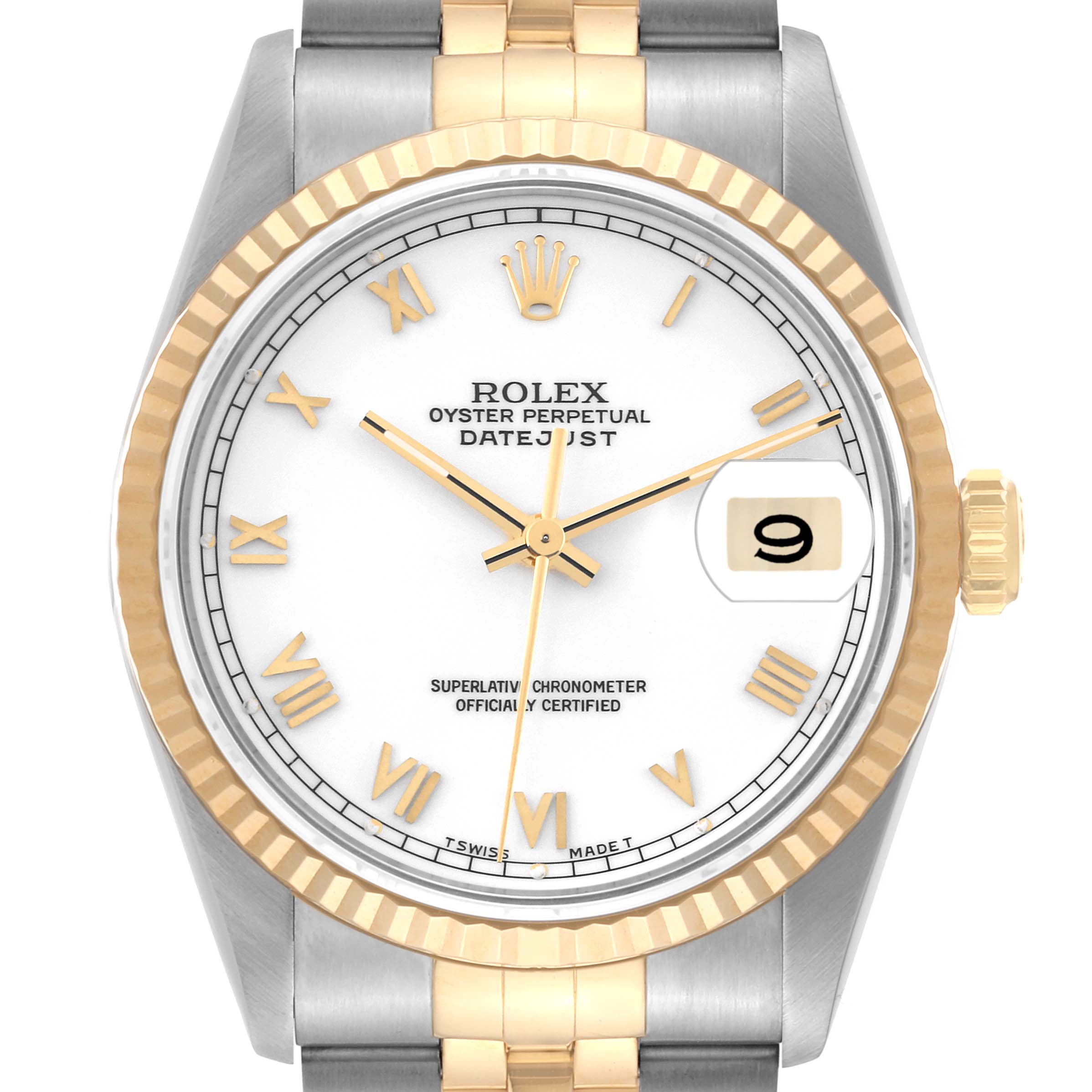 The image shows a front view of a Rolex Datejust 16233 Men's Steel and Gold (two tone) White Dial 16233 Men's Steel and Gold (two tone) White Dial watch, highlighting its face, bezel, and parts of the bracelet.