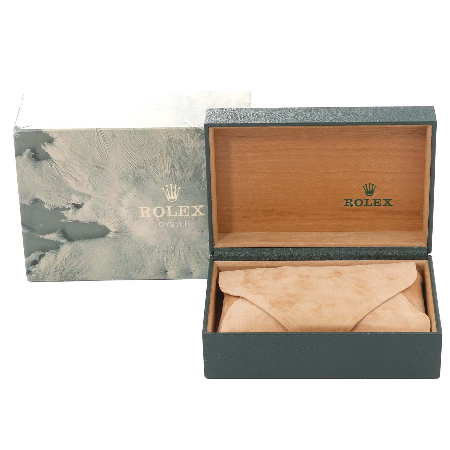 This image shows the open box and cover for a Rolex Datejust 16233 Men's Steel and Gold (two tone) White Dial 16233 Men's Steel and Gold (two tone) White Dial model, including a padded watch holder inside.
